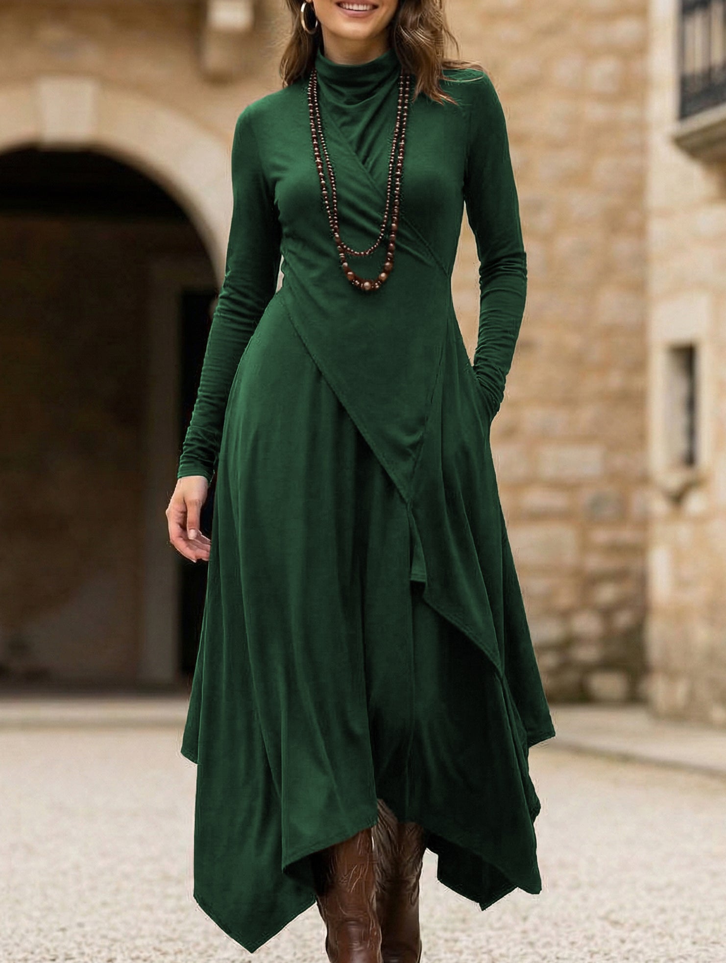 Long-sleeved crossover high-neck dress_CWDMD01860