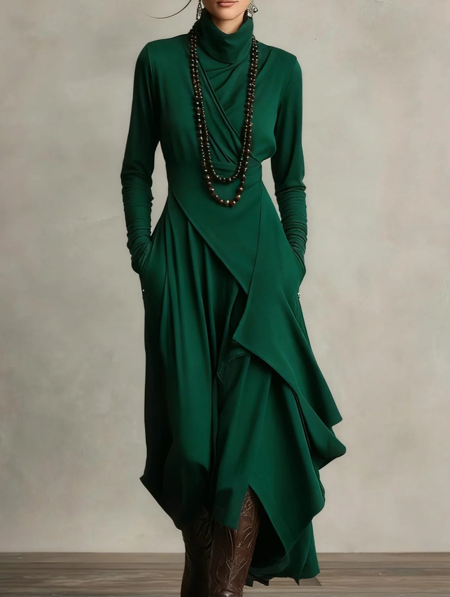 Long-sleeved crossover high-neck dress_CWDMD01860