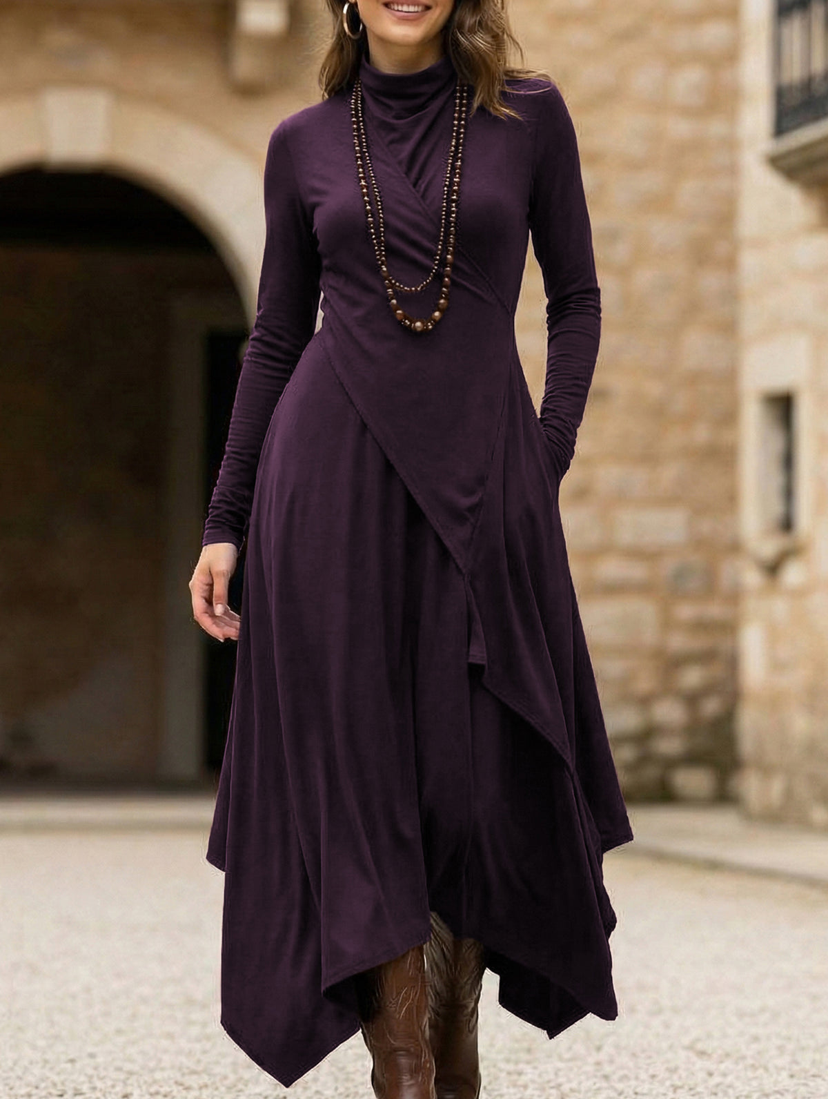long sleeve multiway dress Long-sleeved crossover high-neck dress_CWDMD01860 – Lovenne