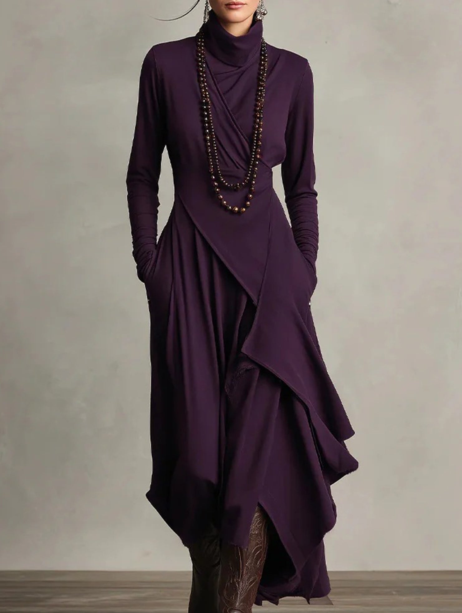 Long-sleeved crossover high-neck dress_CWDMD01860