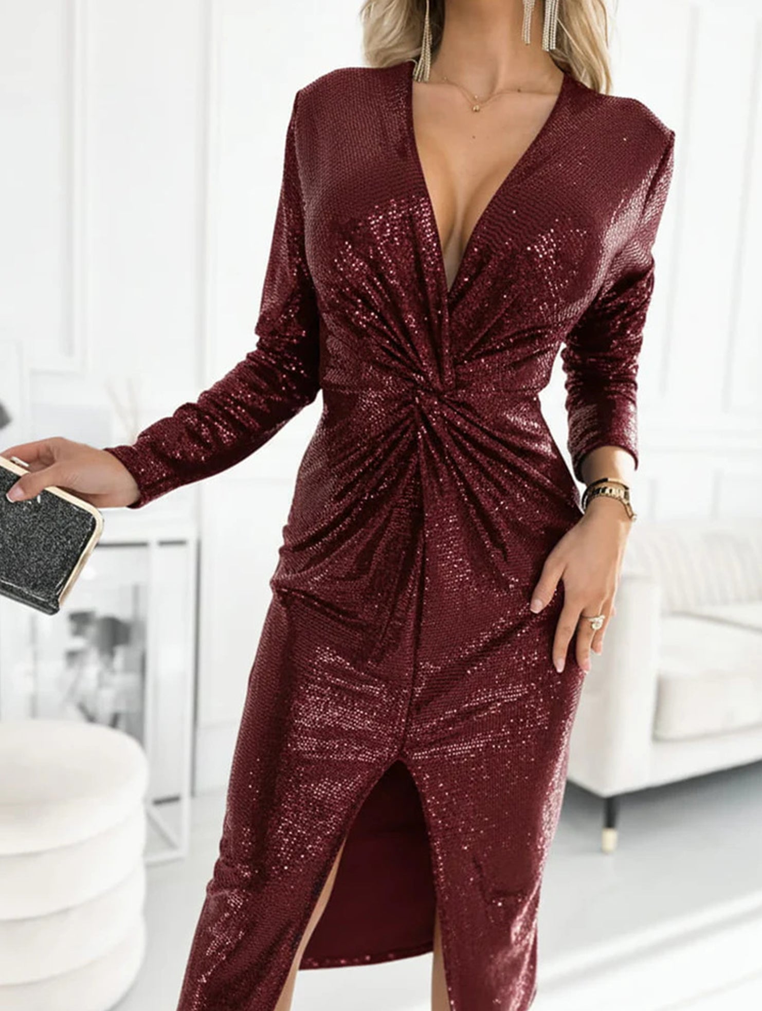 V-neck pleated sequined slit dress_CWDMD01861
