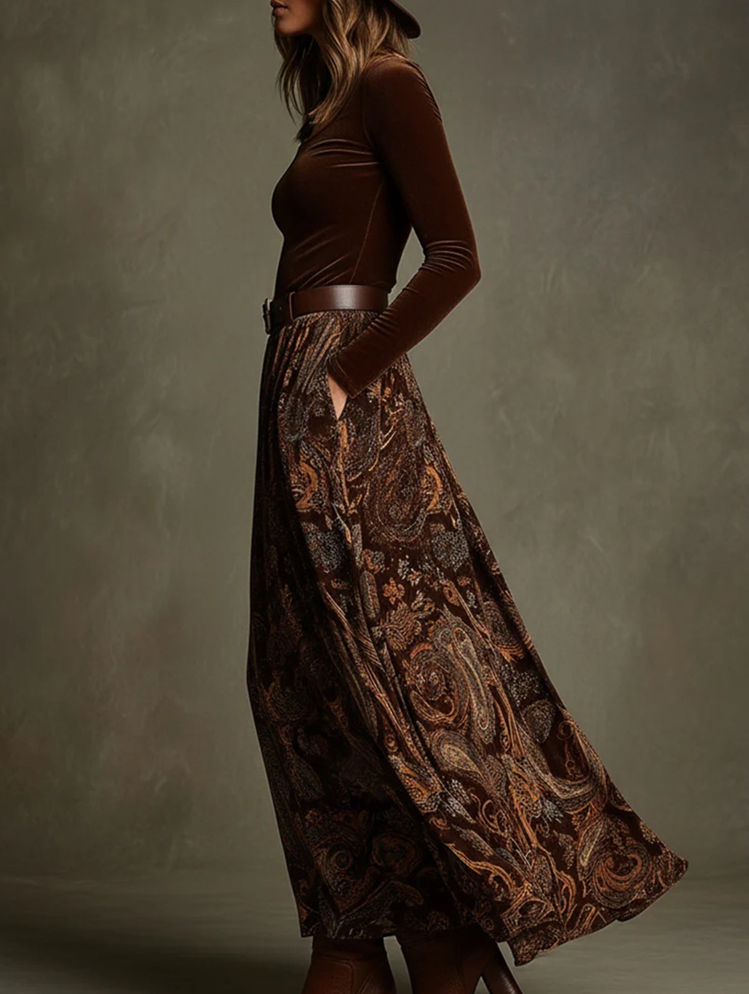 Retro-style printed belt dress with full skirt