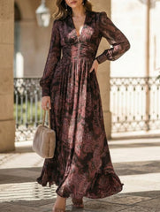 Retro long-sleeved V-neck fitted waist dress_CWDMD01864