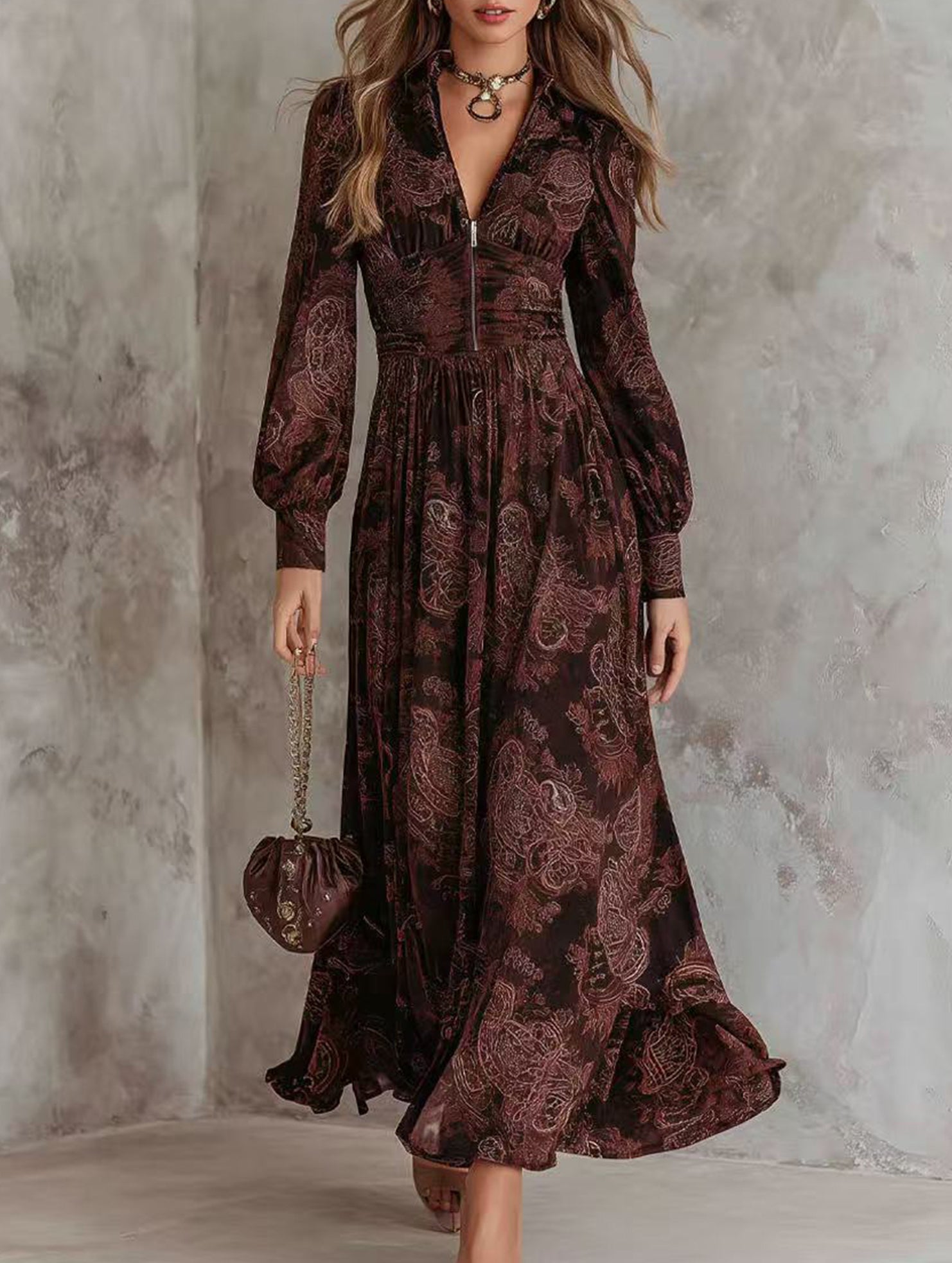 Retro long-sleeved V-neck fitted waist dress_CWDMD01864