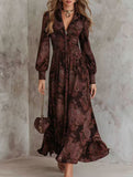 Retro long-sleeved V-neck fitted waist dress_CWDMD01864