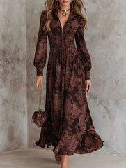 Retro long-sleeved V-neck fitted waist dress_CWDMD01864