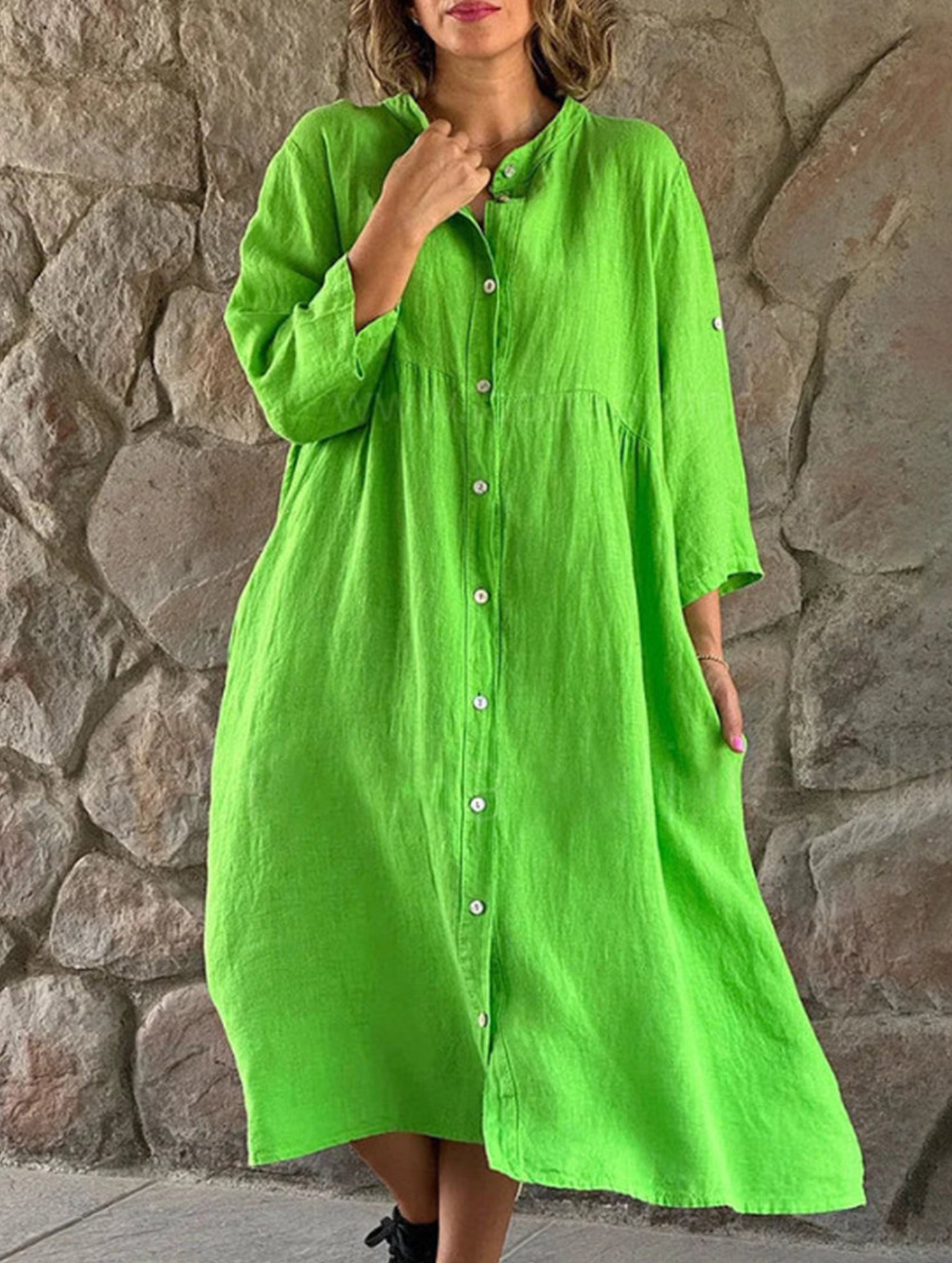 Solid Color Cotton Linen Button Maxi Dress_CWDMD01870