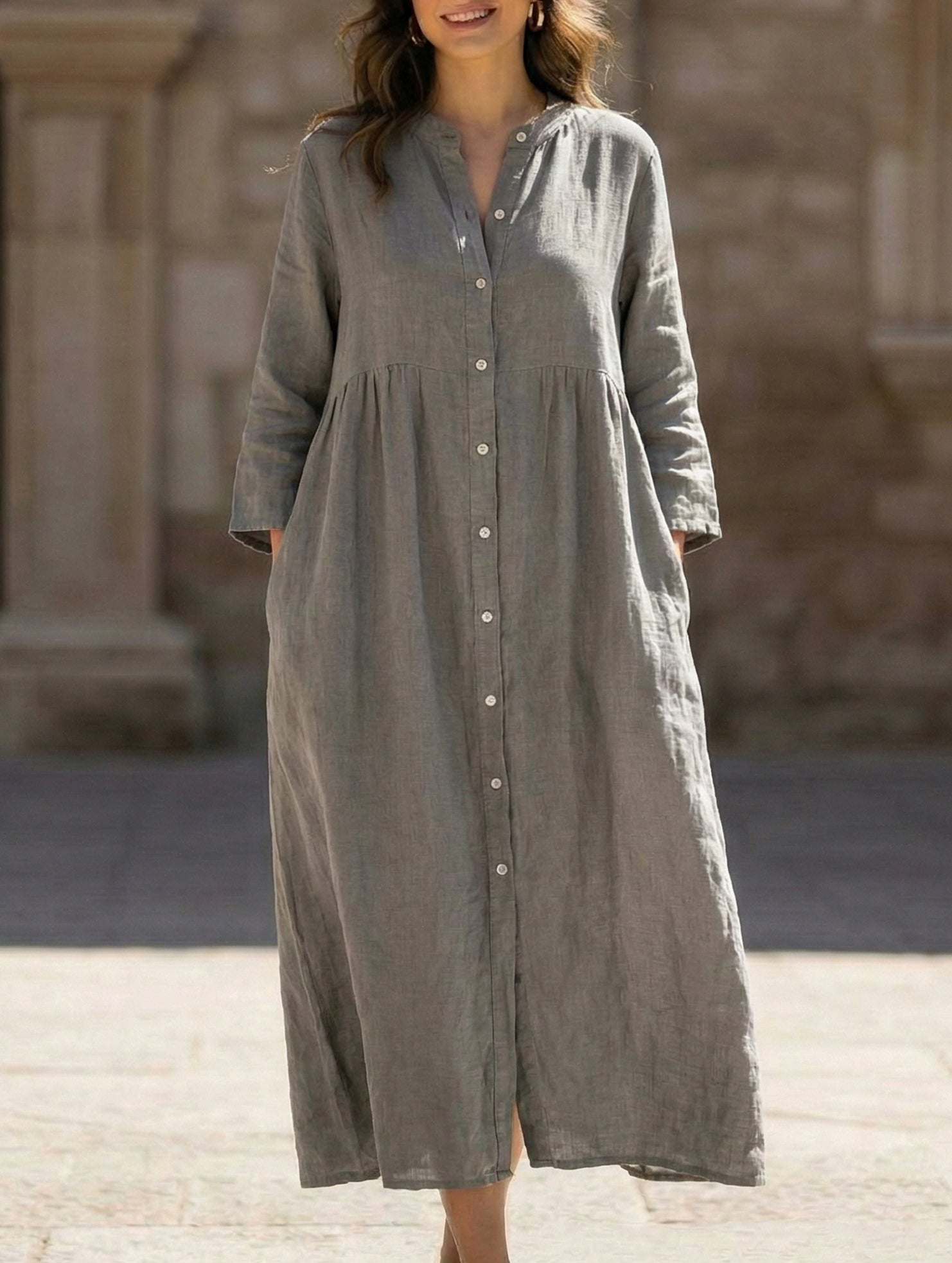 Solid Color Cotton Linen Button Maxi Dress_CWDMD01870