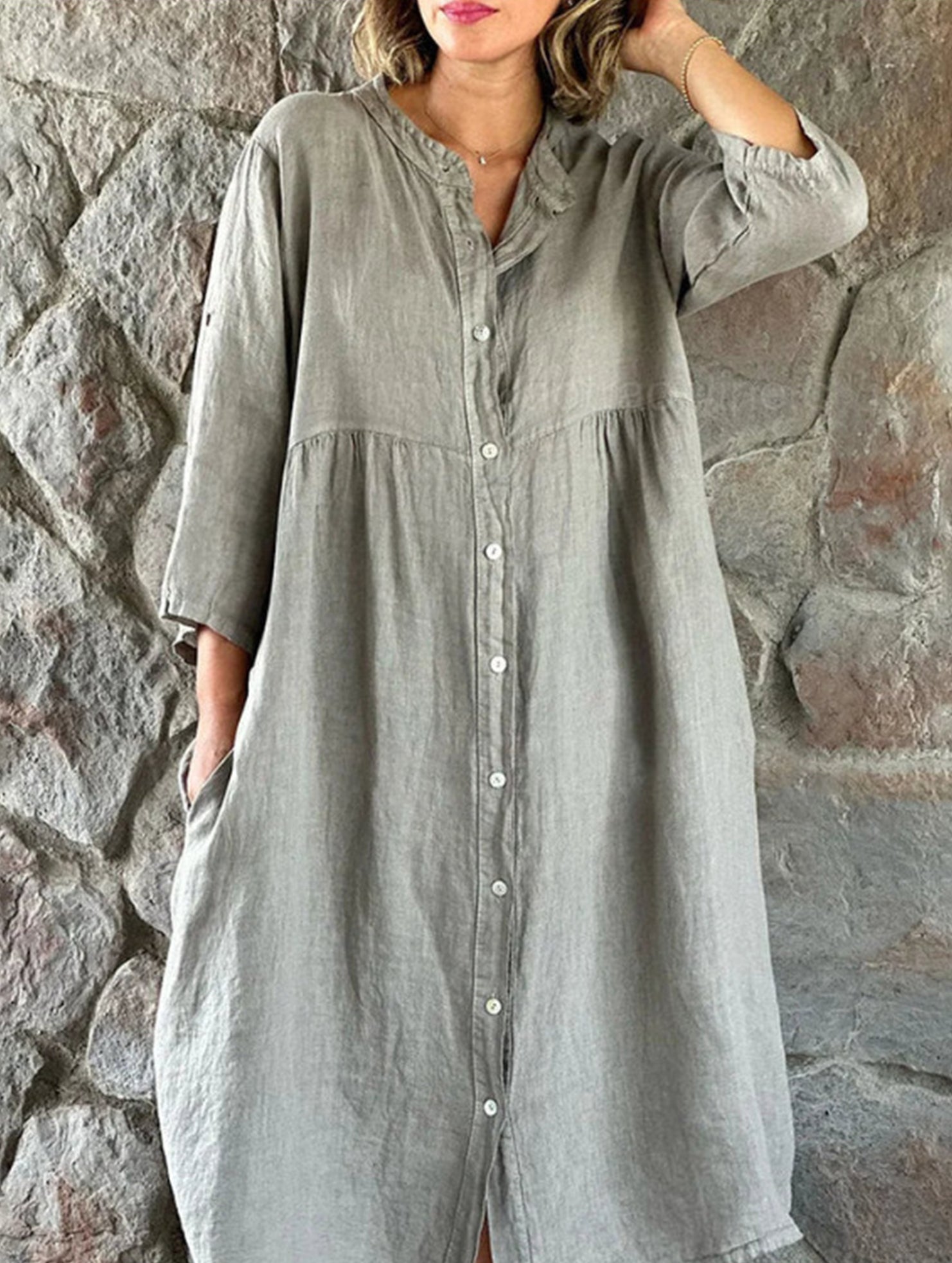 Solid Color Cotton Linen Button Maxi Dress_CWDMD01870