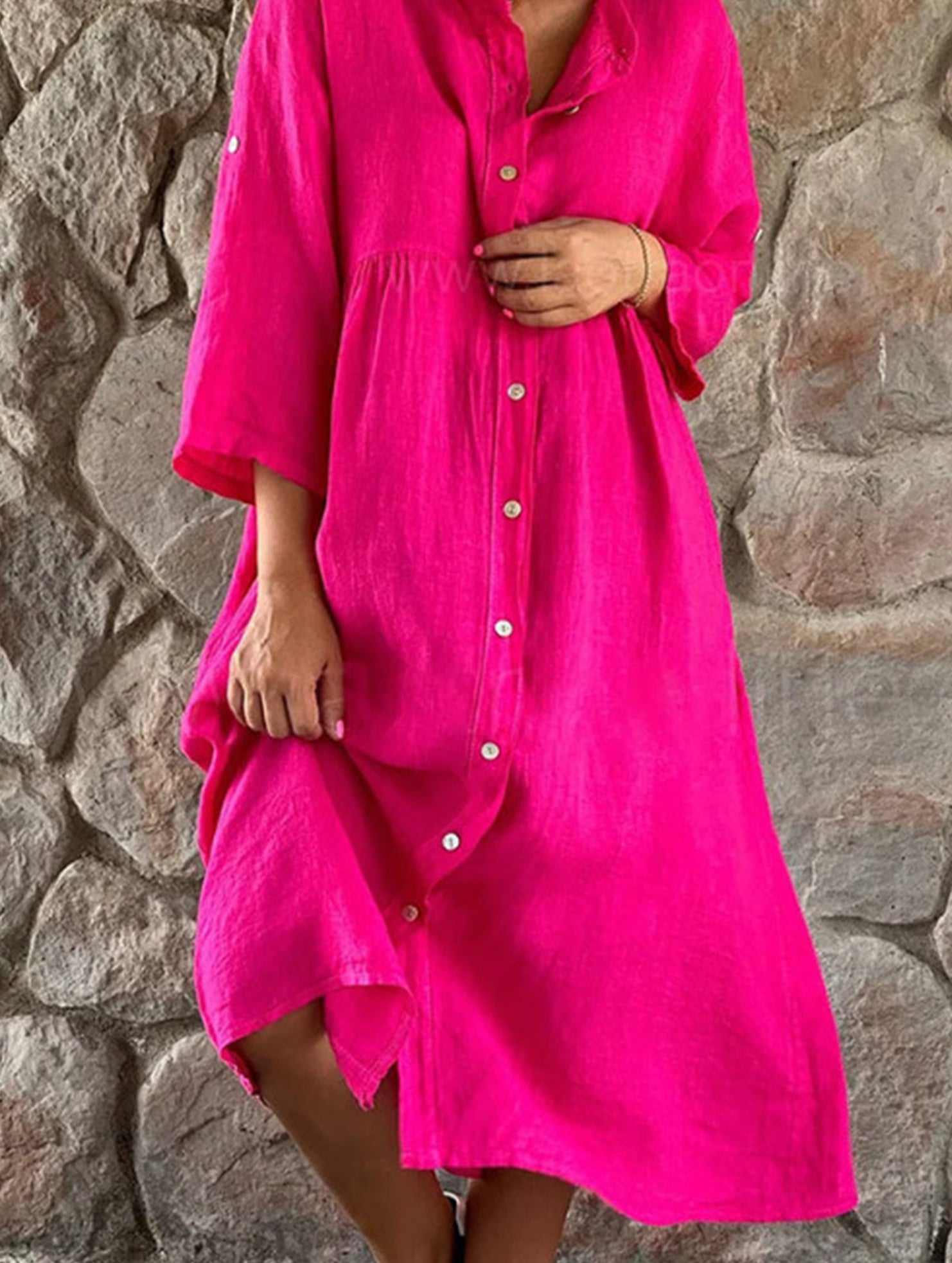 Solid Color Cotton Linen Button Maxi Dress_CWDMD01870
