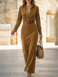 Suede long dress with a fitted waist and belt