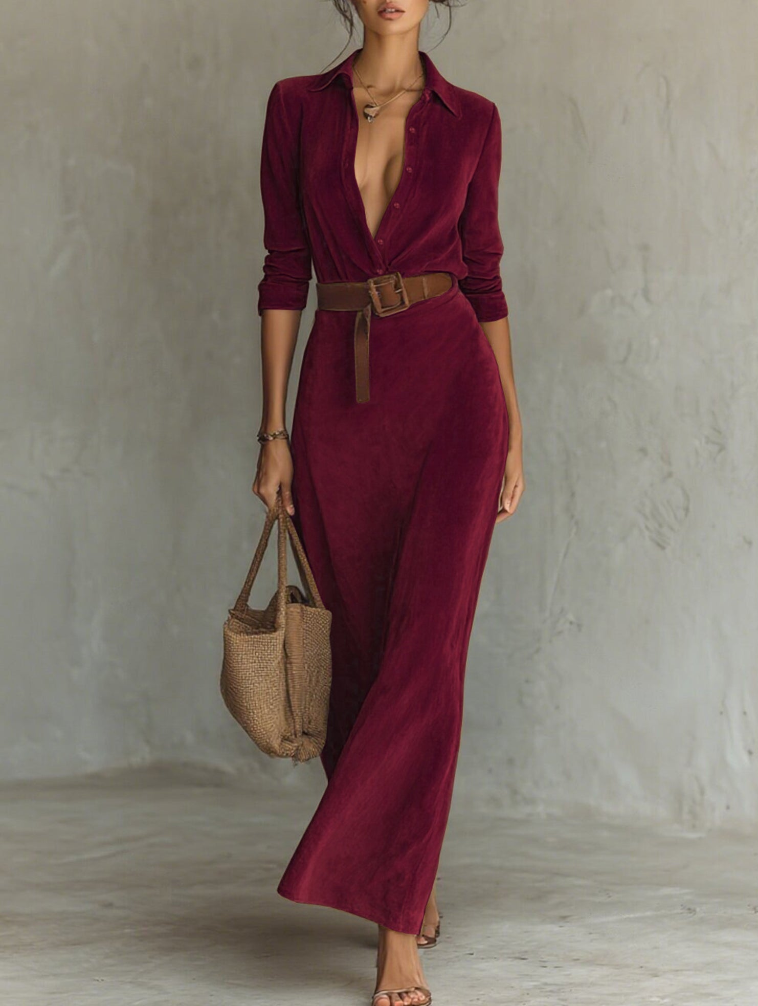 Suede long dress with a fitted waist and belt
