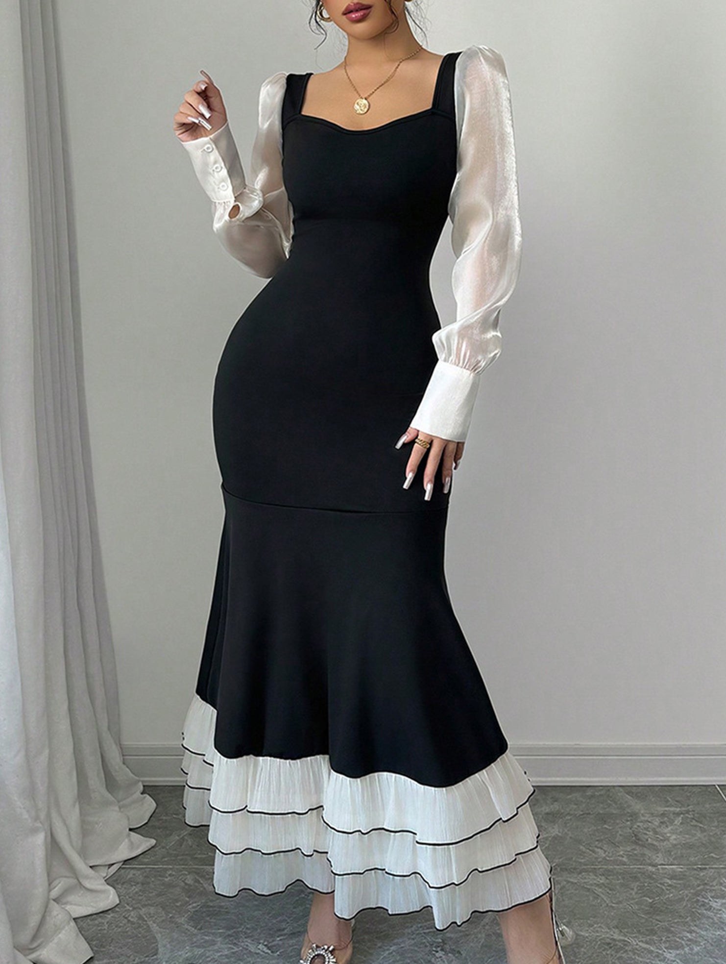 Colorblock Long Sleeve Mermaid Dress