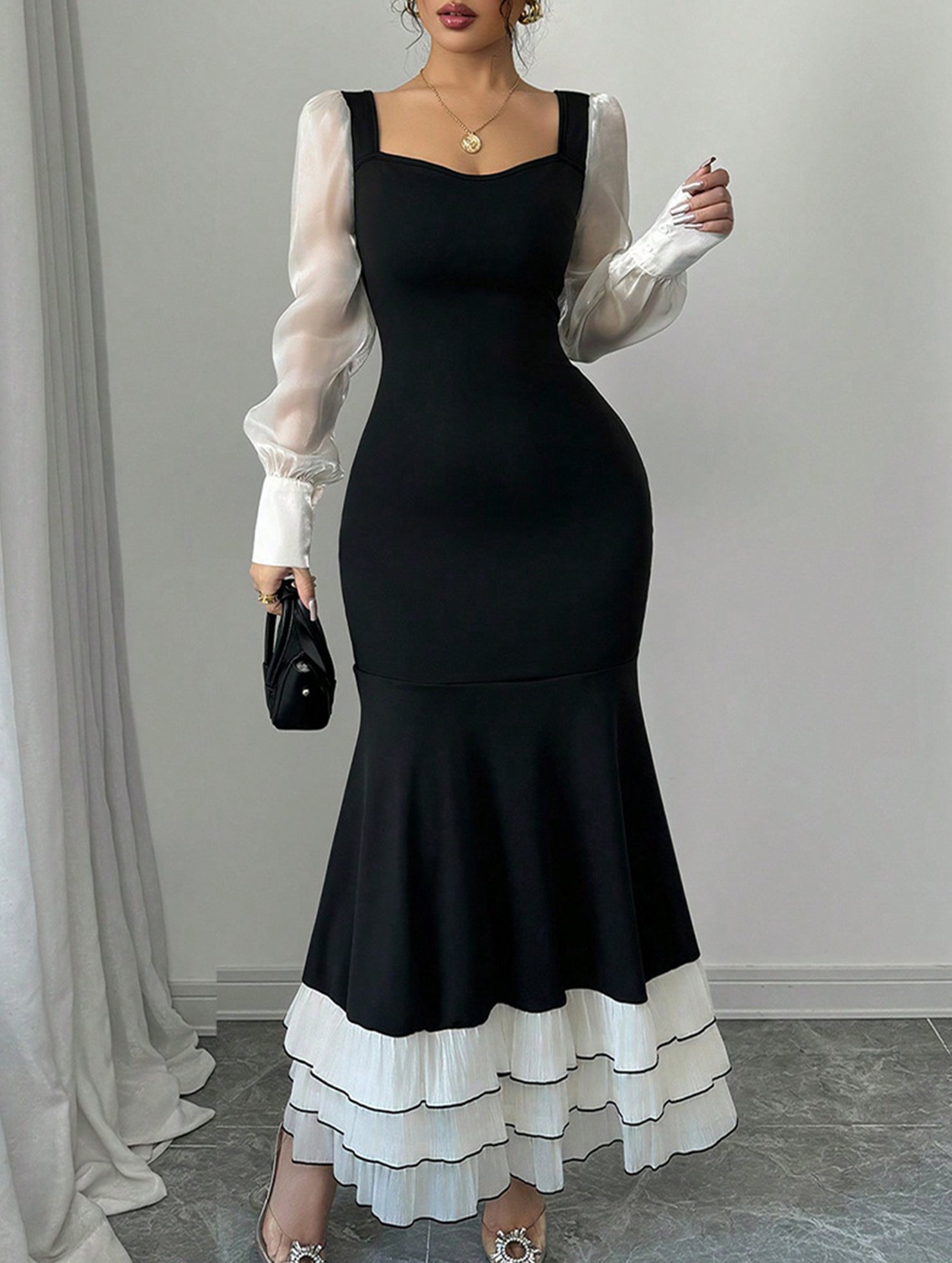 Colorblock Long Sleeve Mermaid Dress