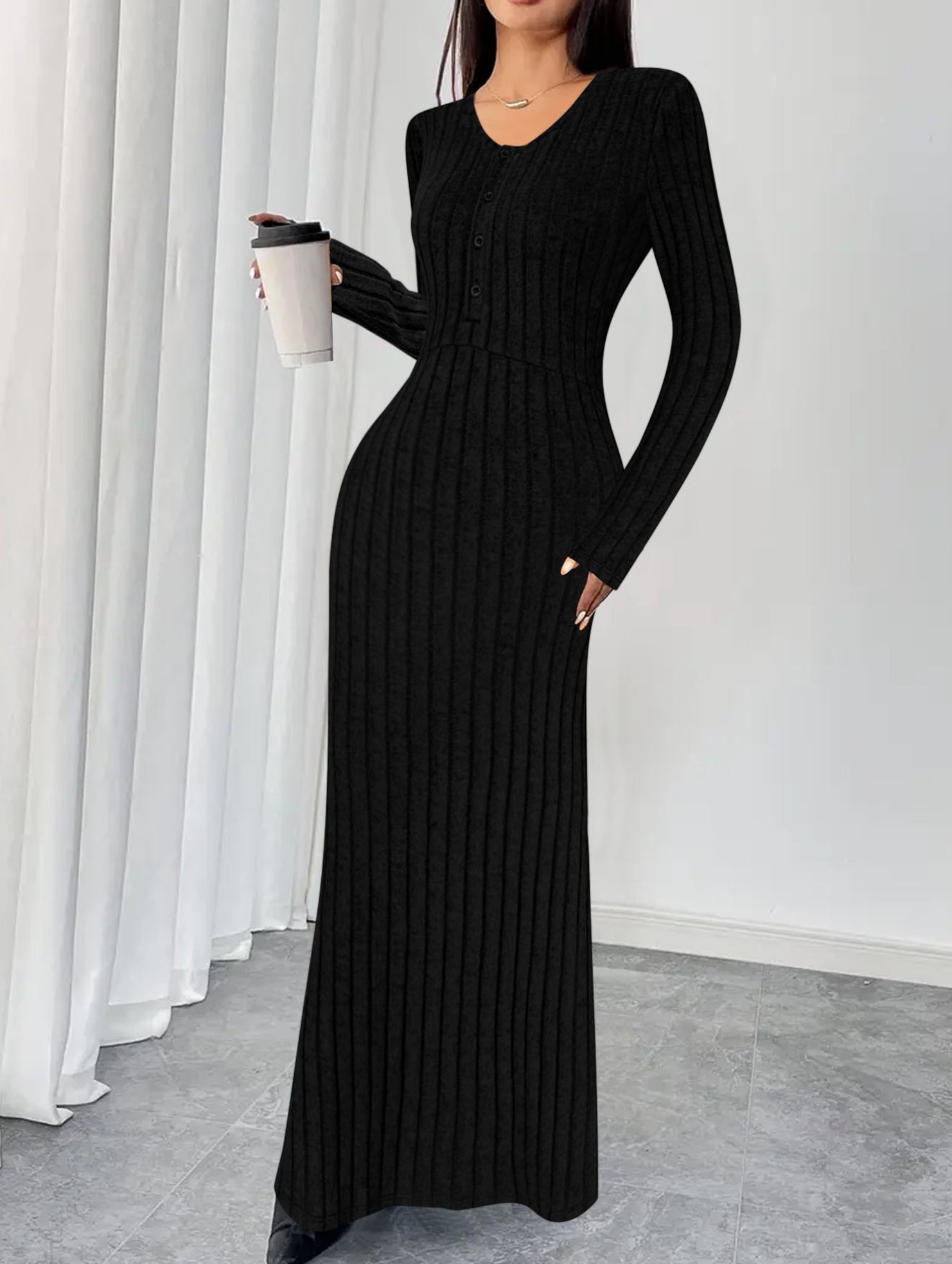 Plus-size ribbed elegant V-neck dress for women