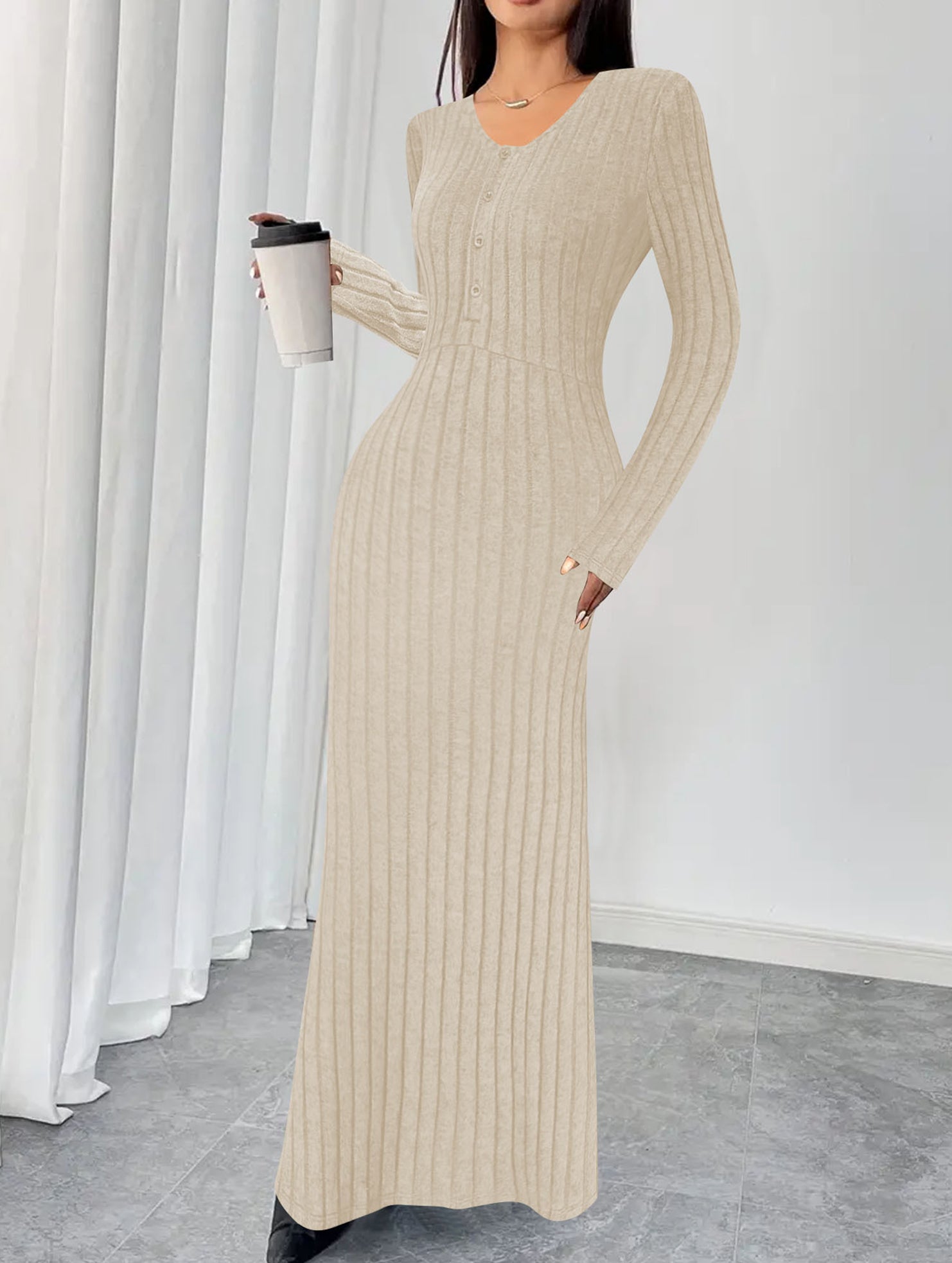 Plus-size ribbed elegant V-neck dress for women