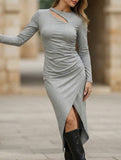 Hollow-out, slanted, irregularly slit fitted dress