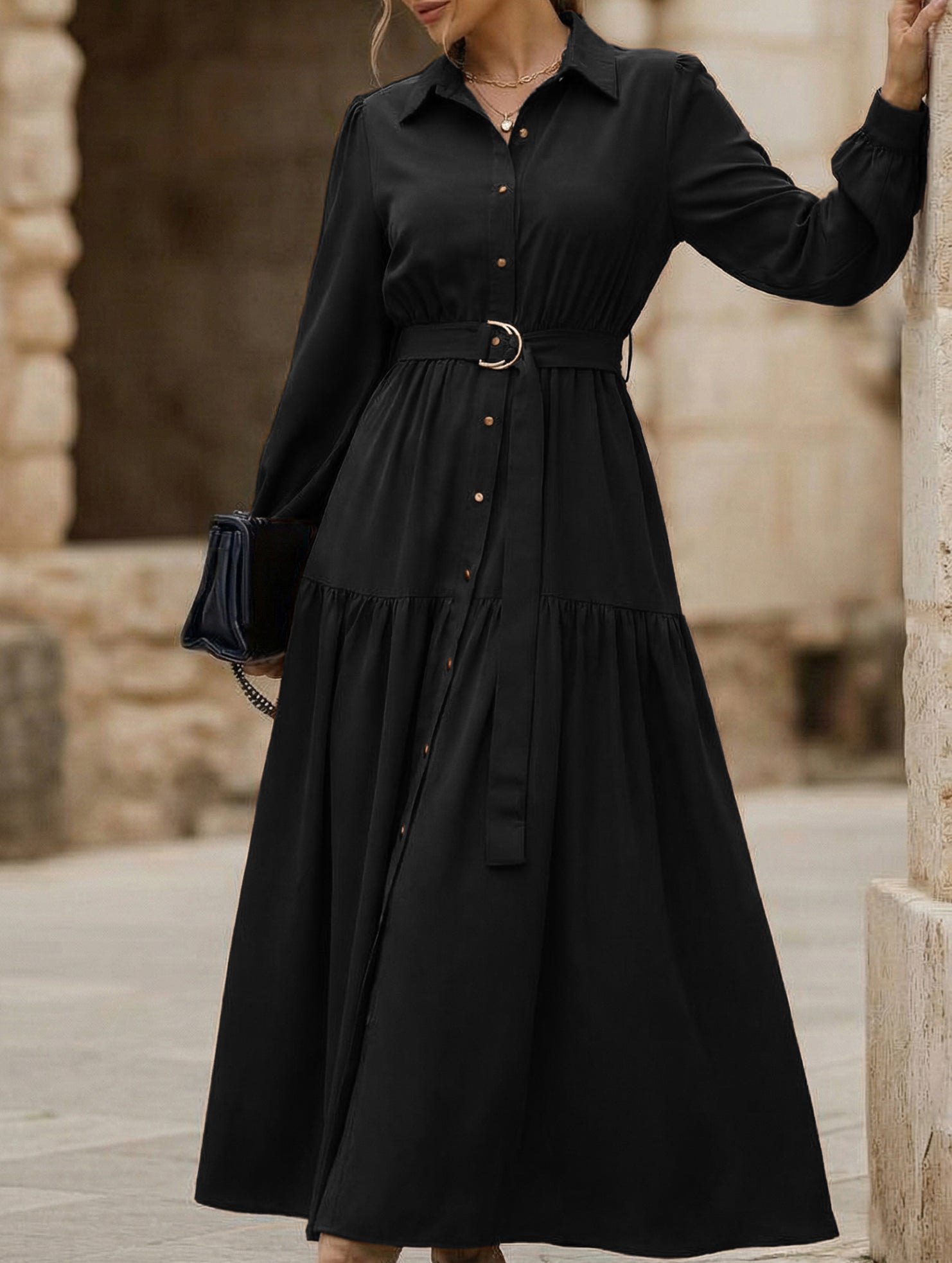 Lantern Sleeve Ruffle Hem Shirt Dress_CWDMD01935