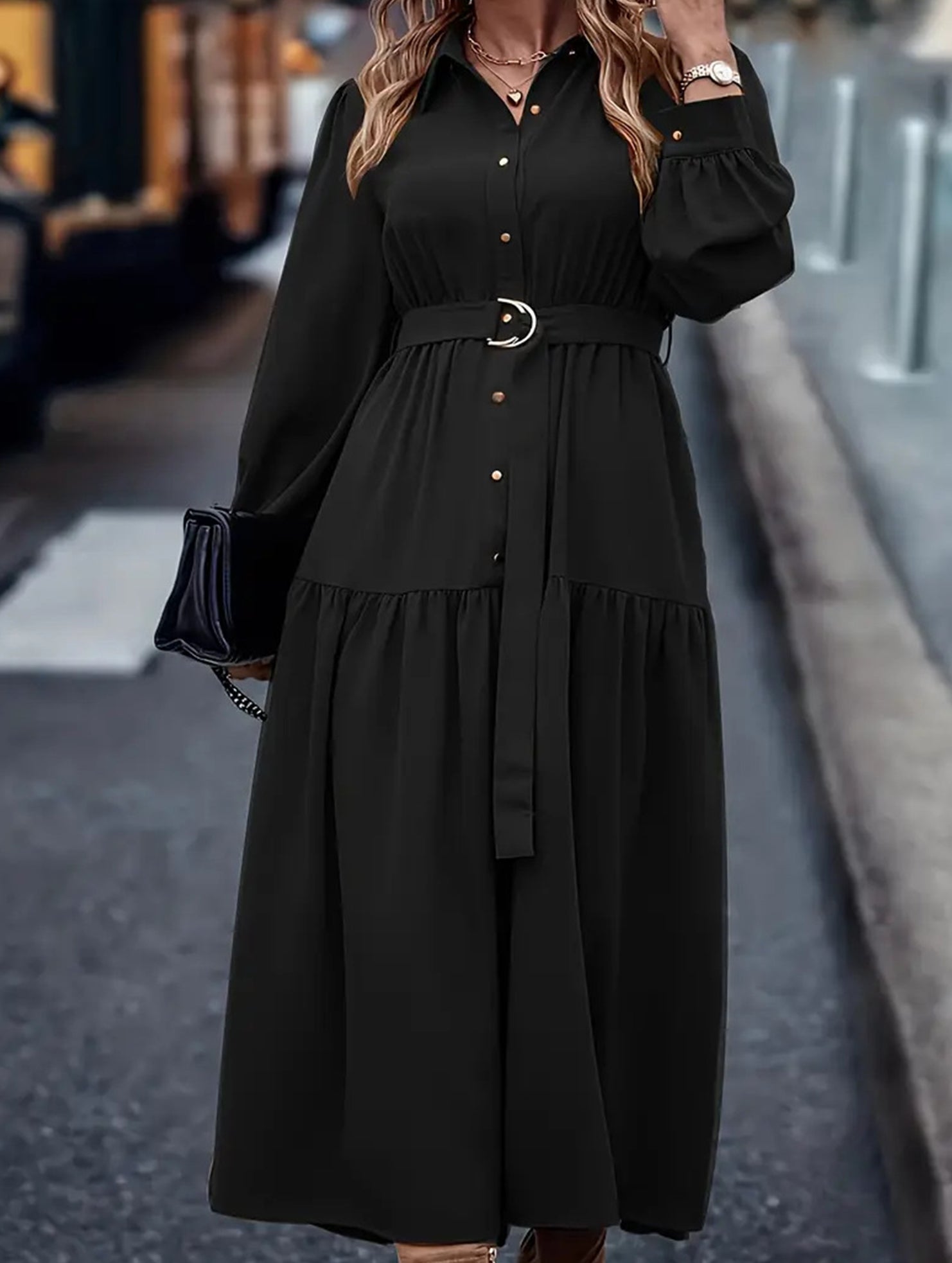 Lantern Sleeve Ruffle Hem Shirt Dress_CWDMD01935