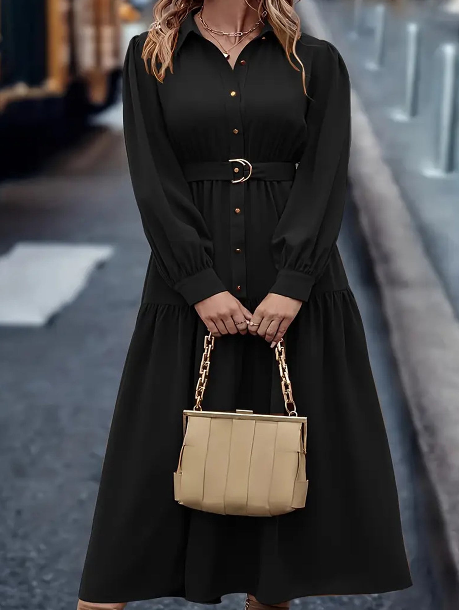 Lantern Sleeve Ruffle Hem Shirt Dress_CWDMD01935
