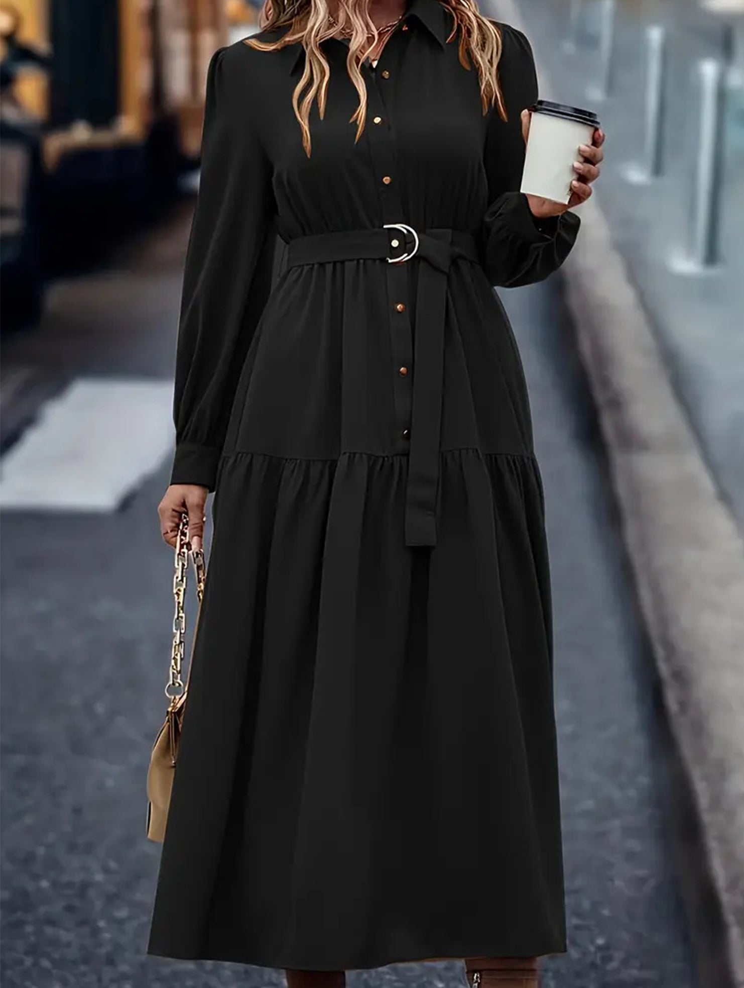 Lantern Sleeve Ruffle Hem Shirt Dress_CWDMD01935