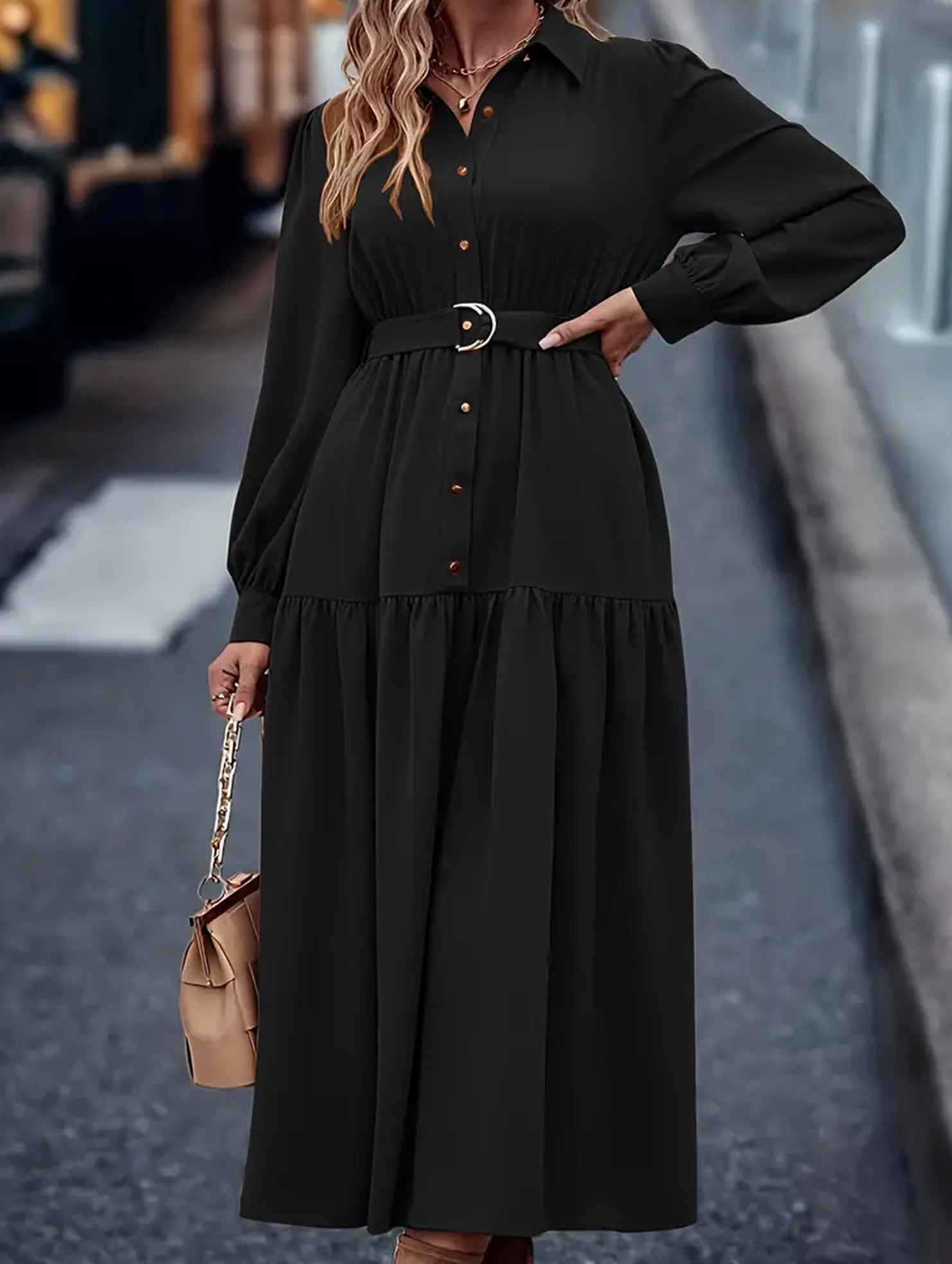 Lantern Sleeve Ruffle Hem Shirt Dress_CWDMD01935