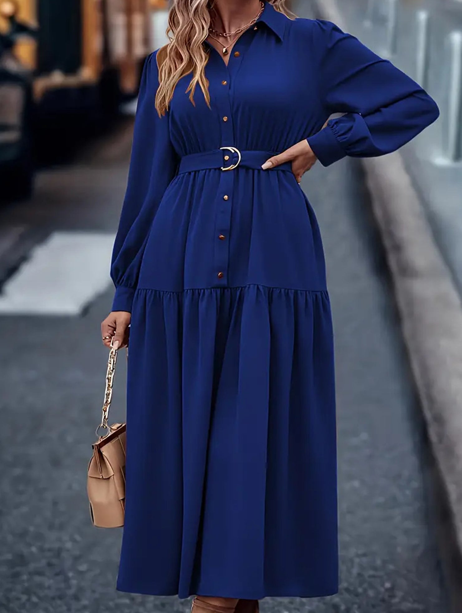 Lantern Sleeve Ruffle Hem Shirt Dress_CWDMD01935