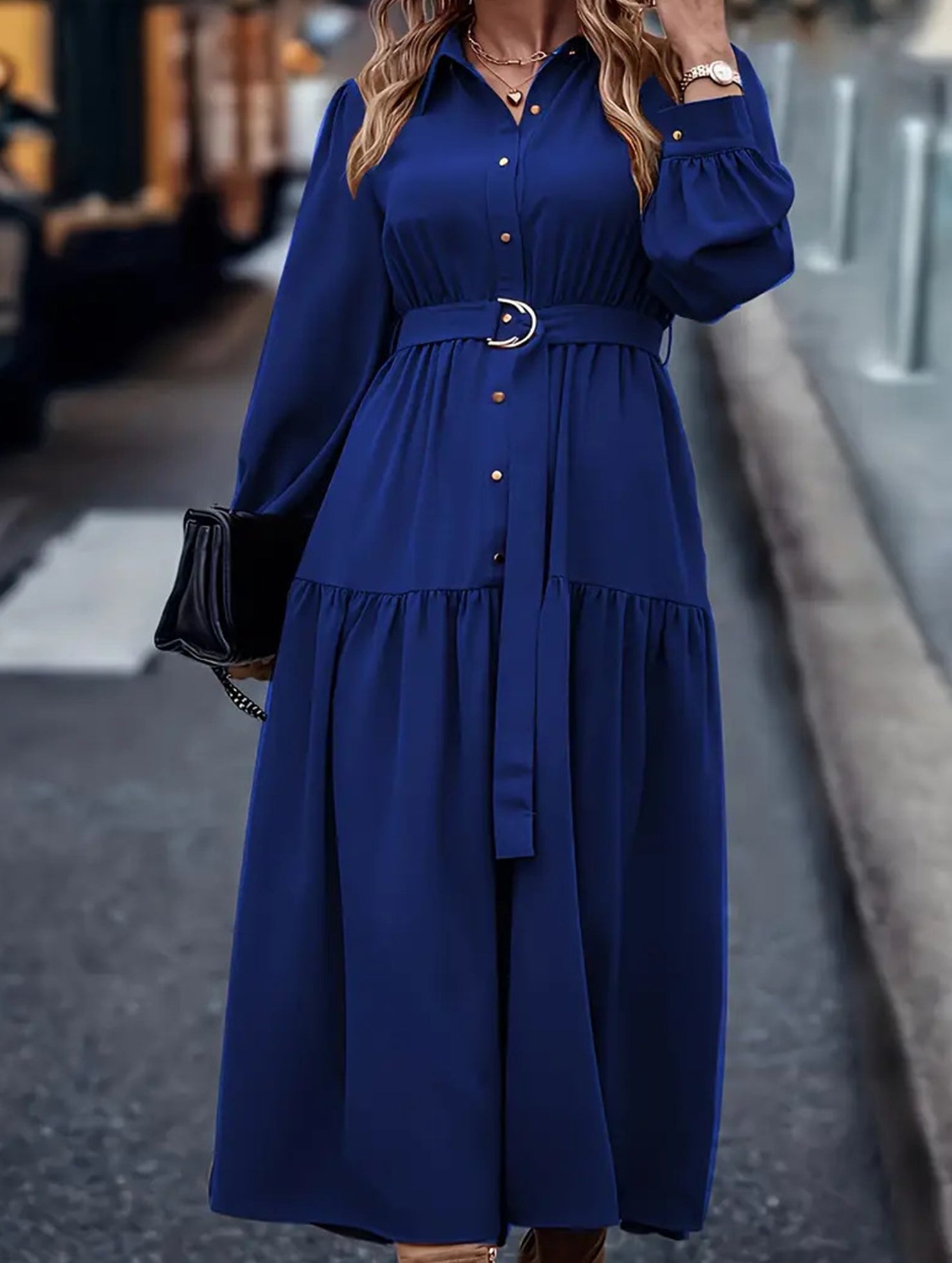 Lantern Sleeve Ruffle Hem Shirt Dress_CWDMD01935