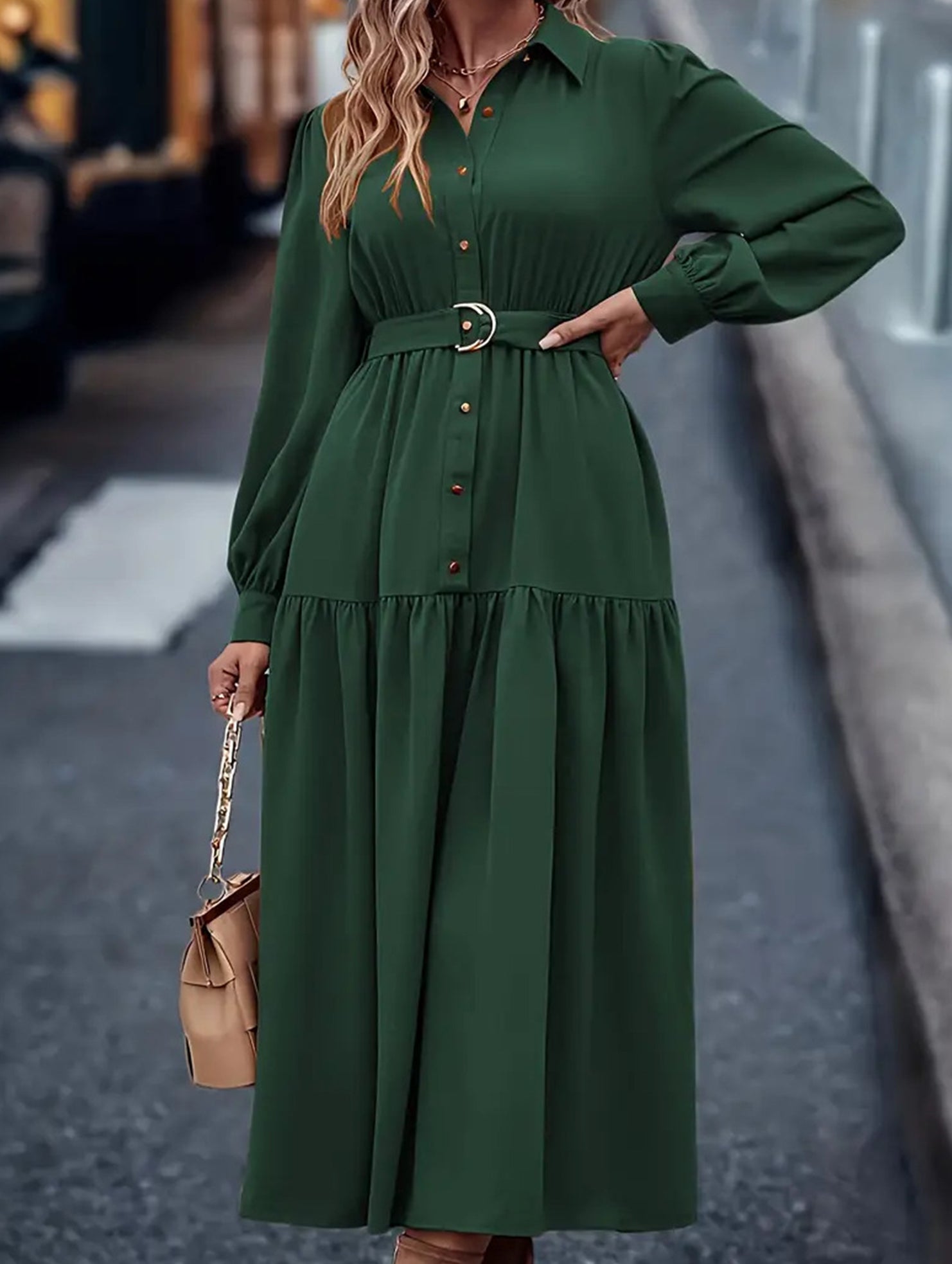 Lantern Sleeve Ruffle Hem Shirt Dress_CWDMD01935