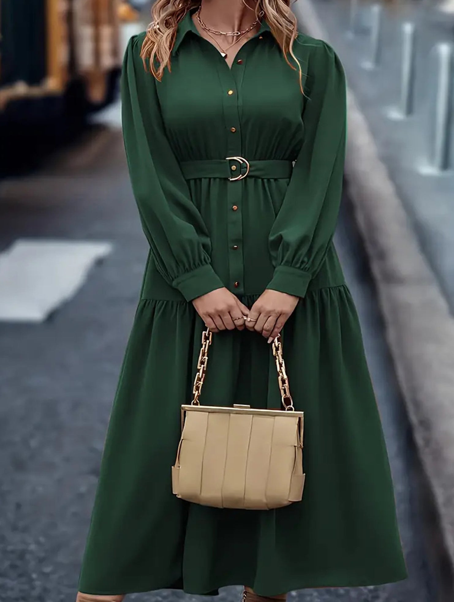 Lantern Sleeve Ruffle Hem Shirt Dress_CWDMD01935