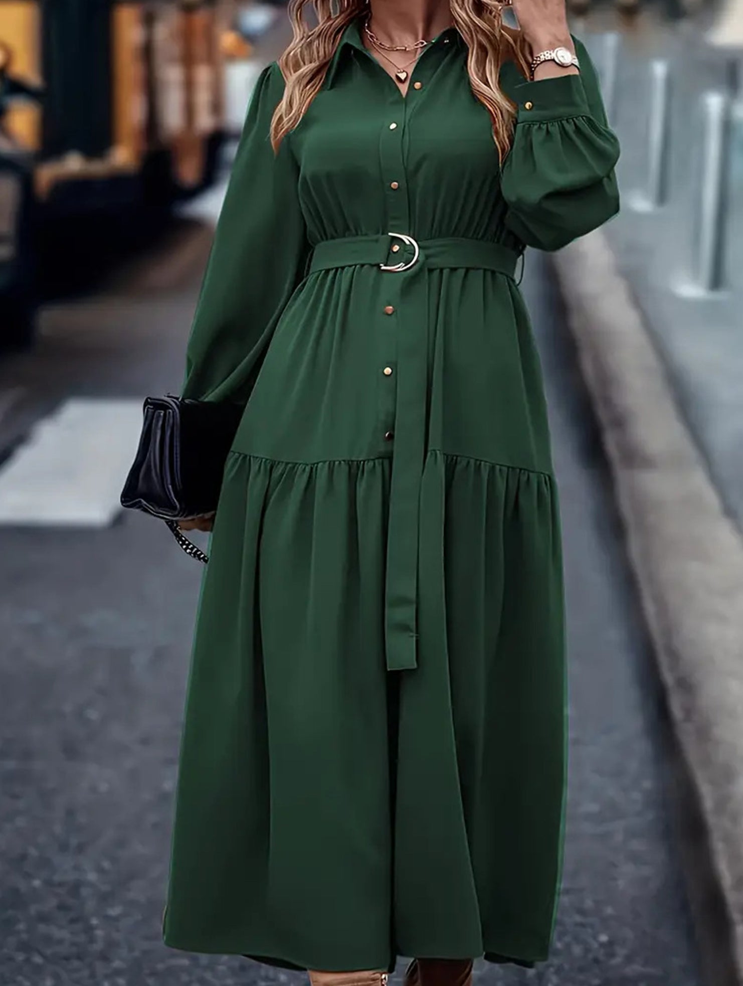 Lantern Sleeve Ruffle Hem Shirt Dress_CWDMD01935