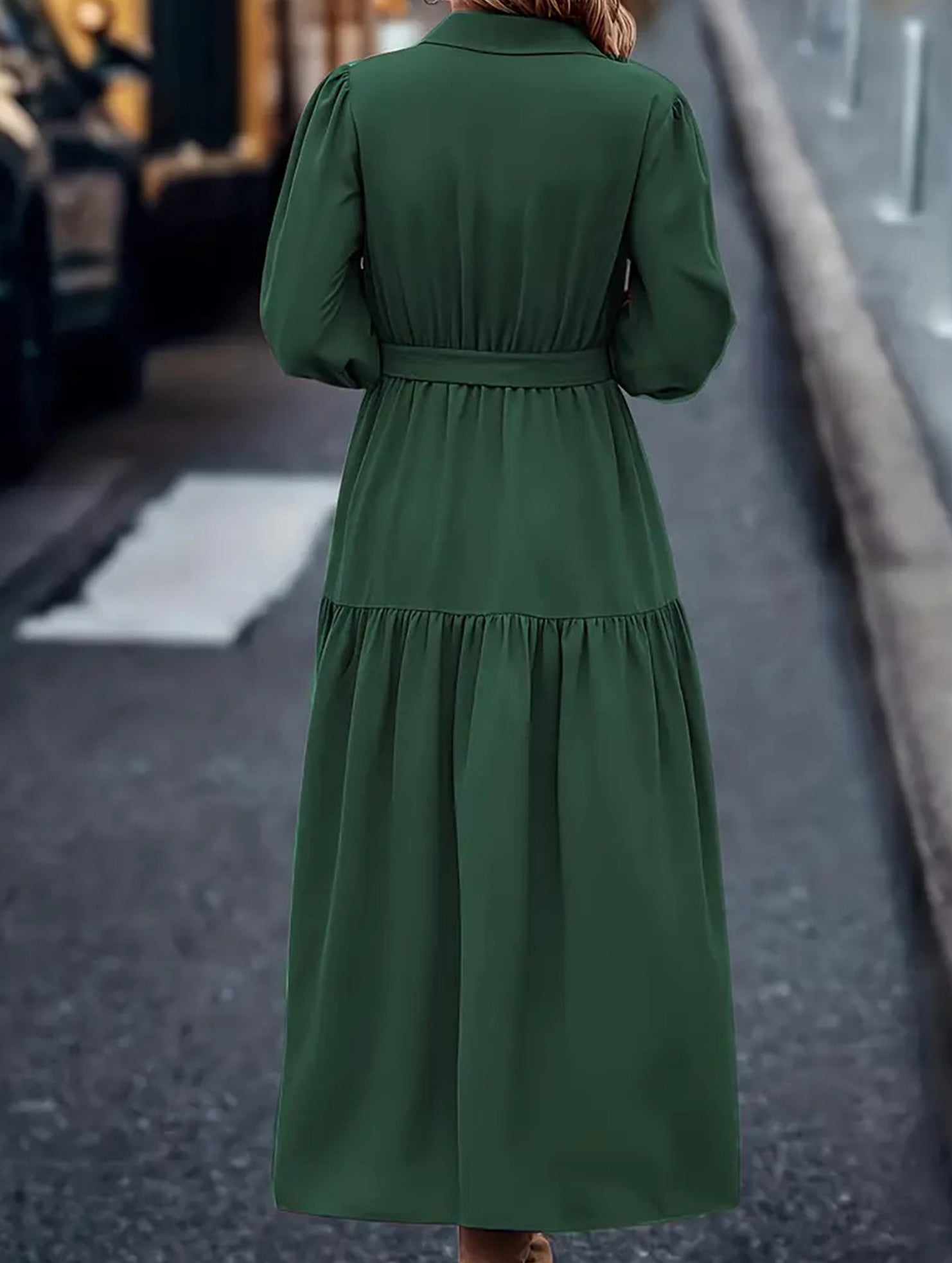 Lantern Sleeve Ruffle Hem Shirt Dress_CWDMD01935