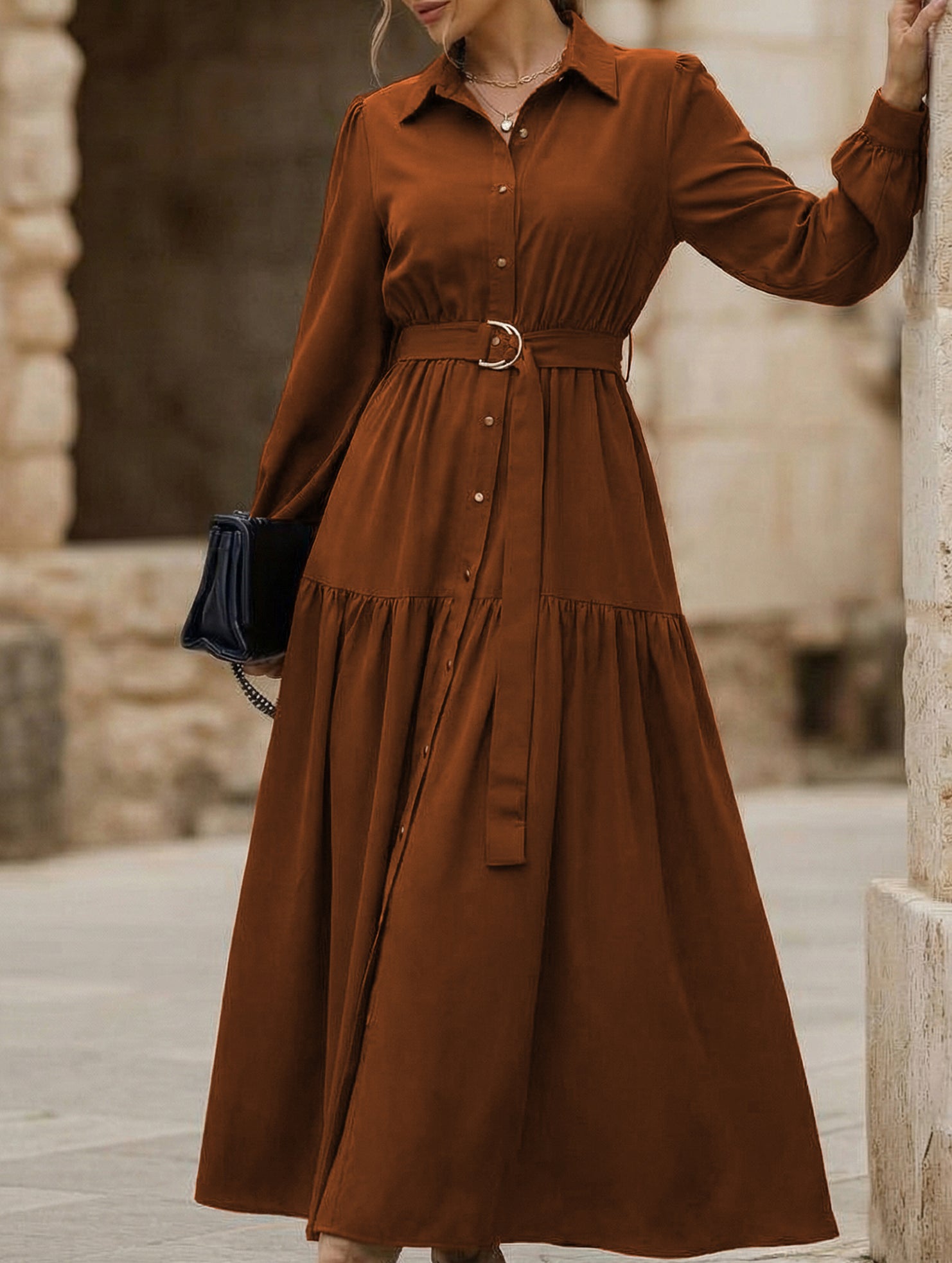 Lantern Sleeve Ruffle Hem Shirt Dress_CWDMD01935