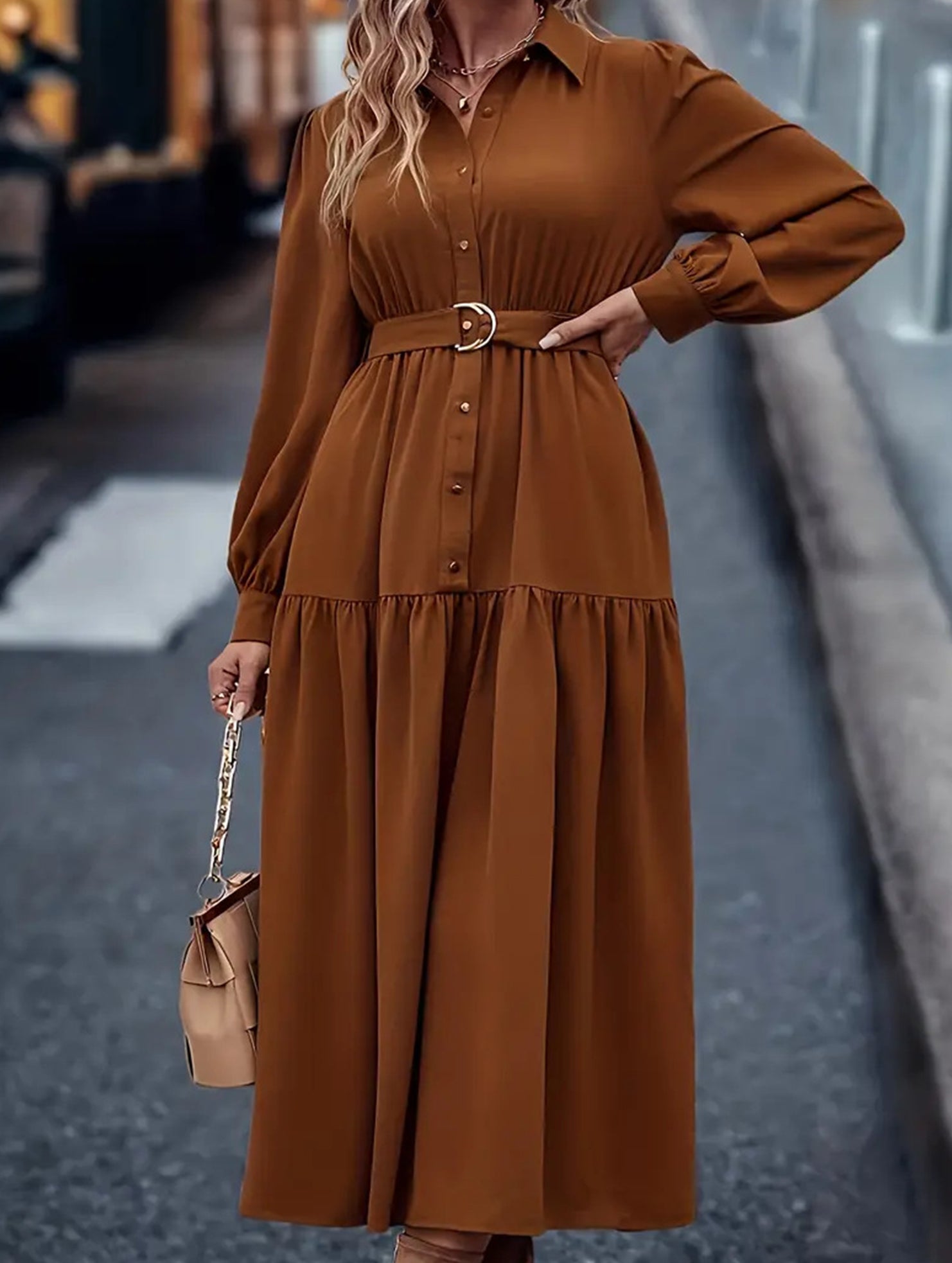 Lantern Sleeve Ruffle Hem Shirt Dress_CWDMD01935