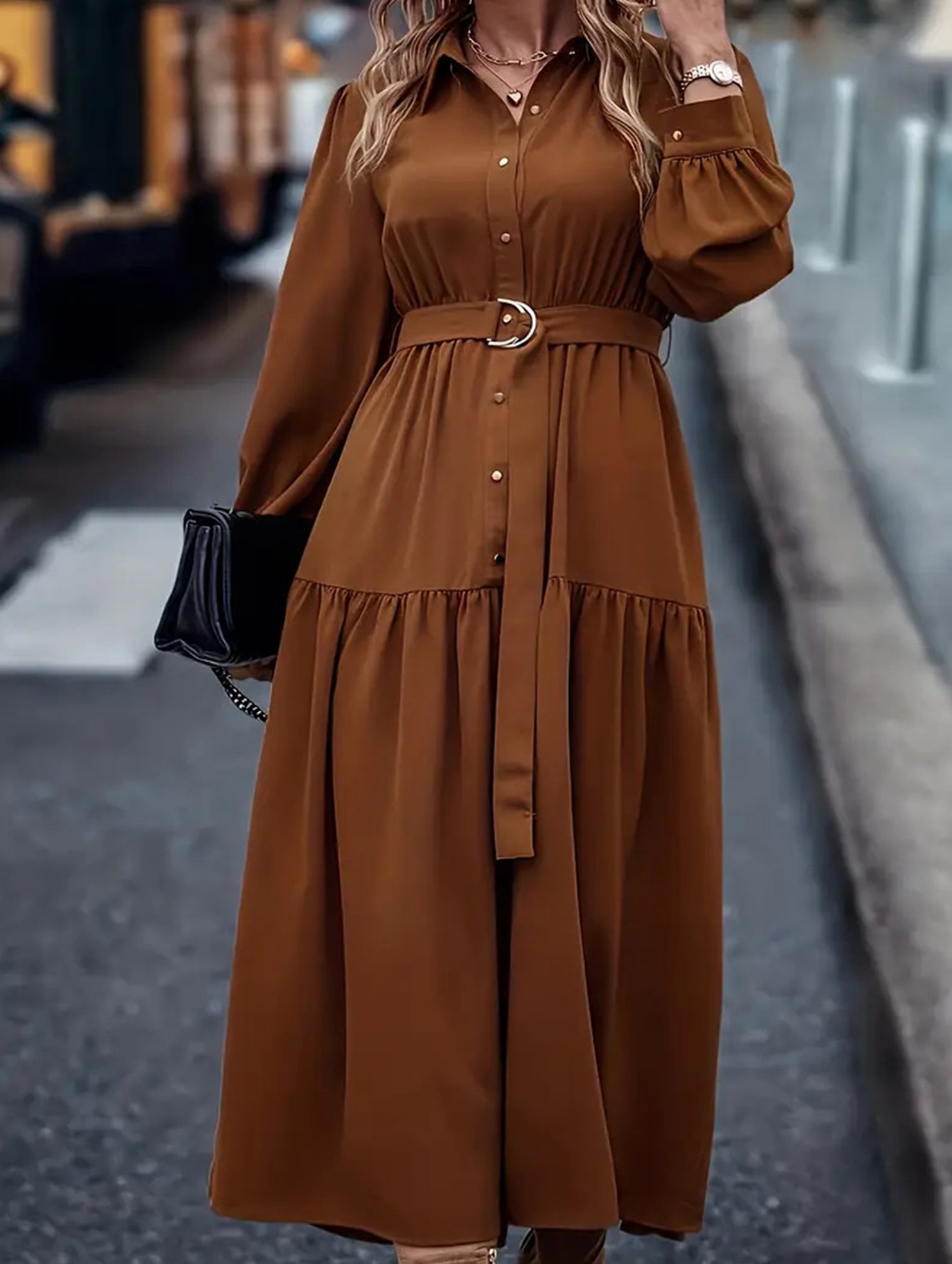 Lantern Sleeve Ruffle Hem Shirt Dress_CWDMD01935