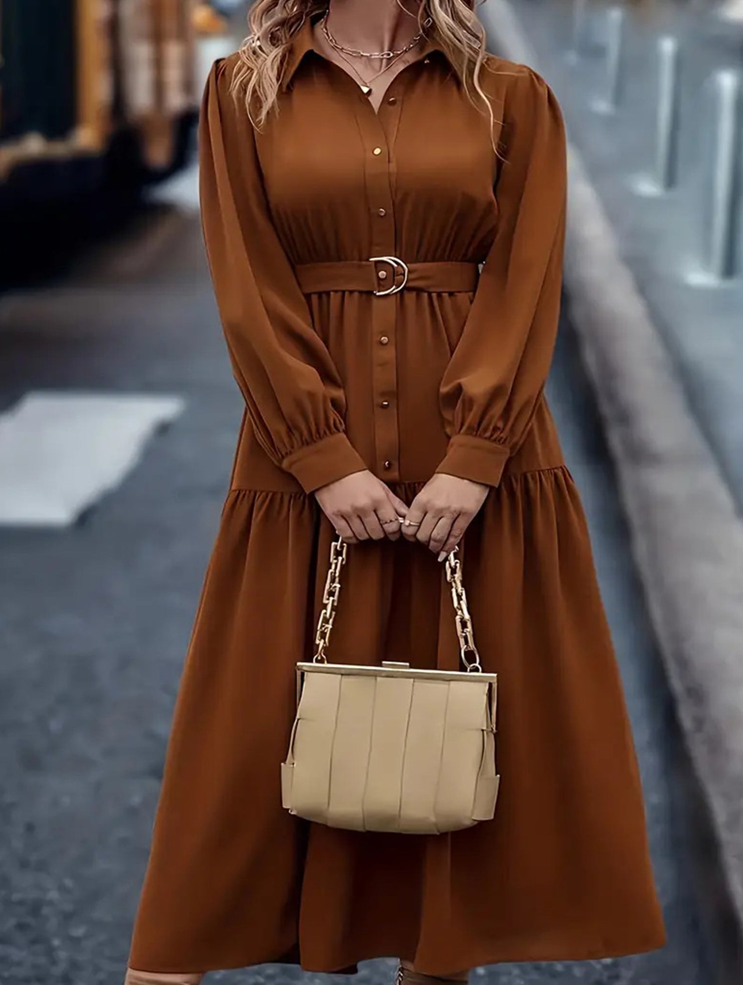 Lantern Sleeve Ruffle Hem Shirt Dress_CWDMD01935