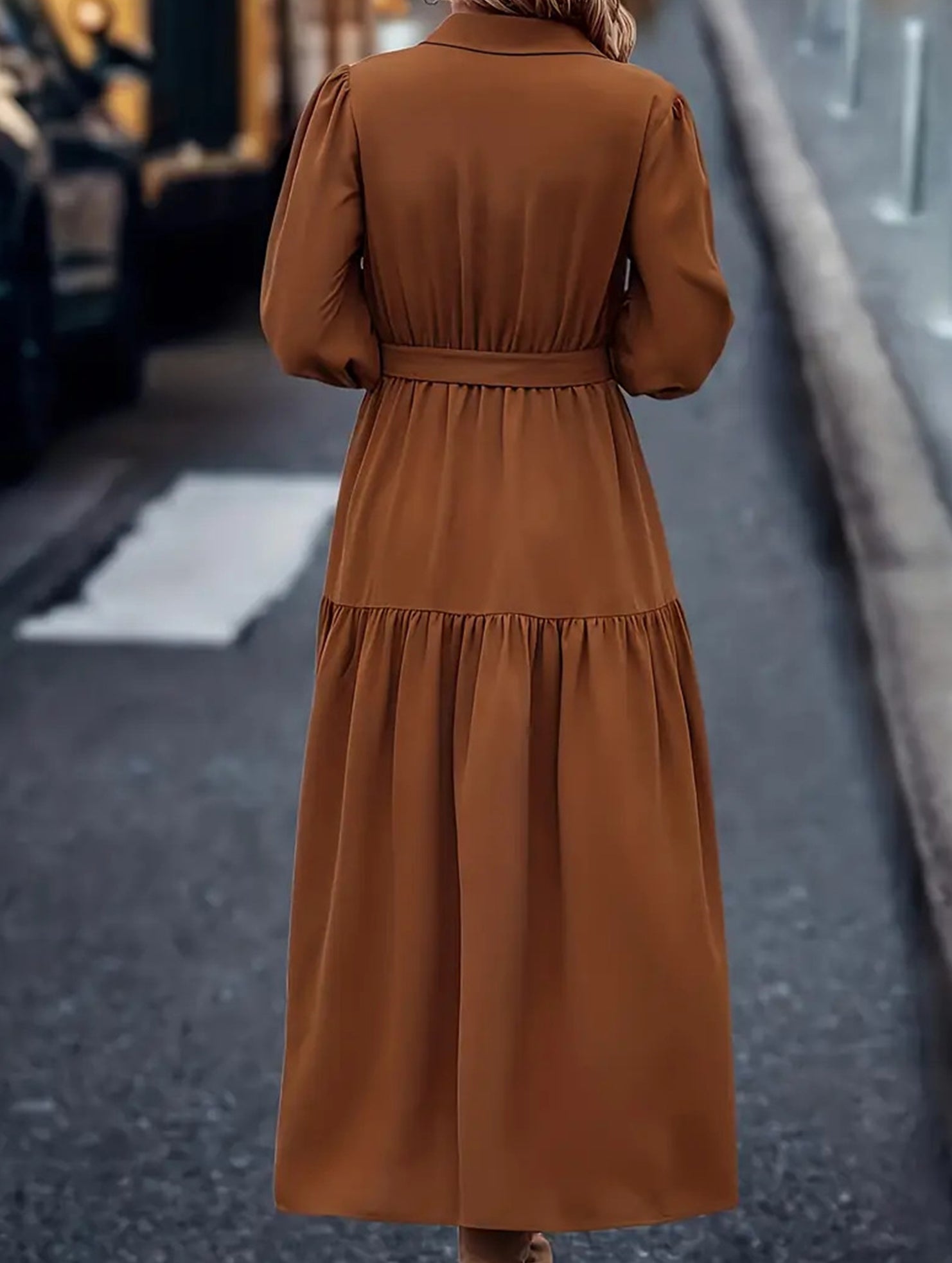 Lantern Sleeve Ruffle Hem Shirt Dress_CWDMD01935