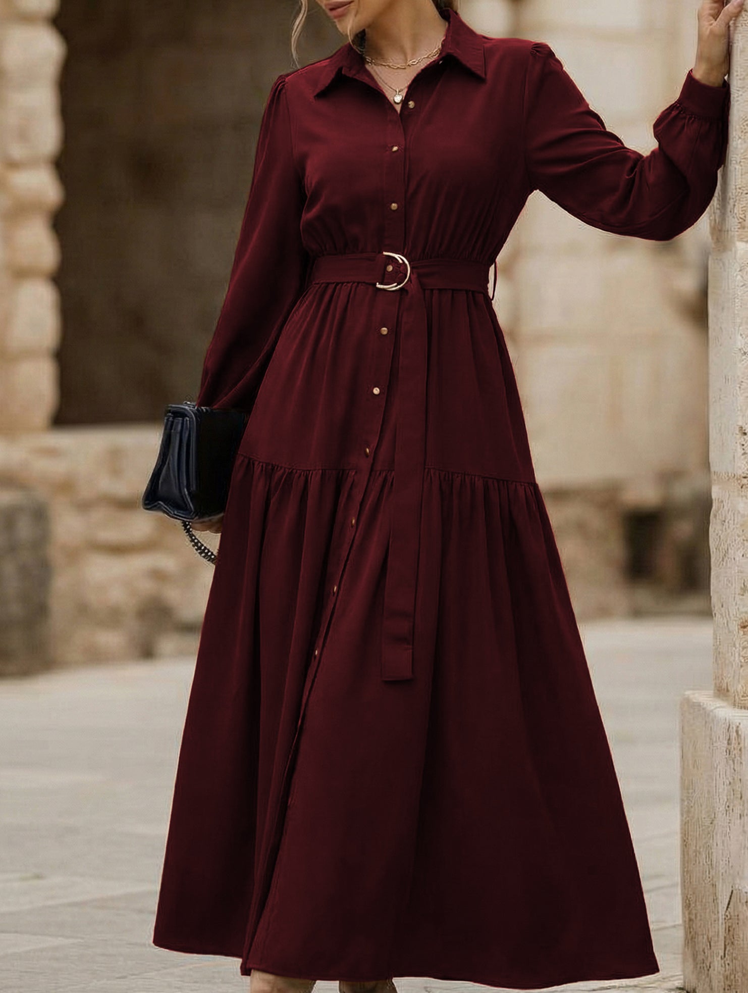 Lantern Sleeve Ruffle Hem Shirt Dress_CWDMD01935