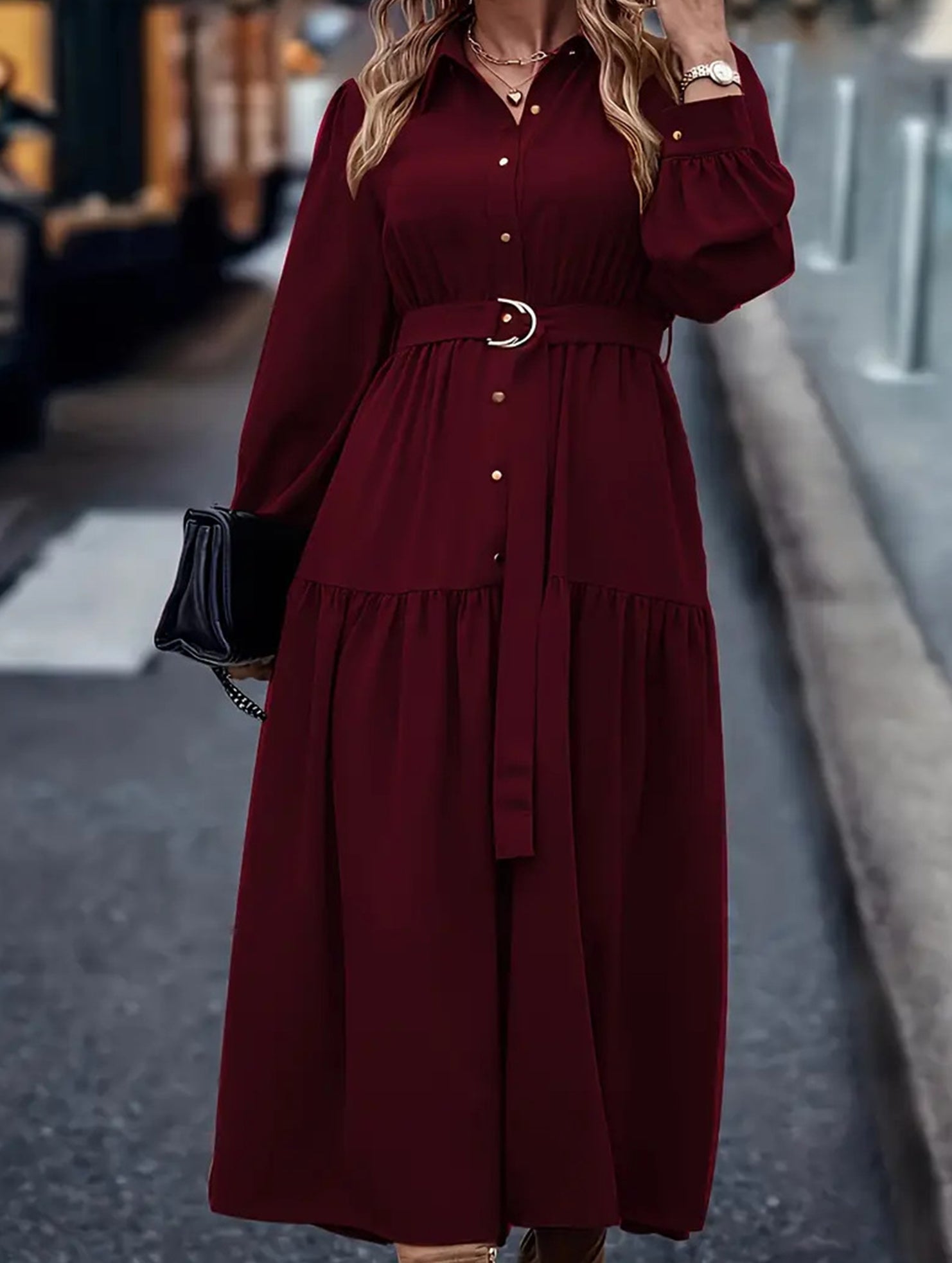 Lantern Sleeve Ruffle Hem Shirt Dress_CWDMD01935