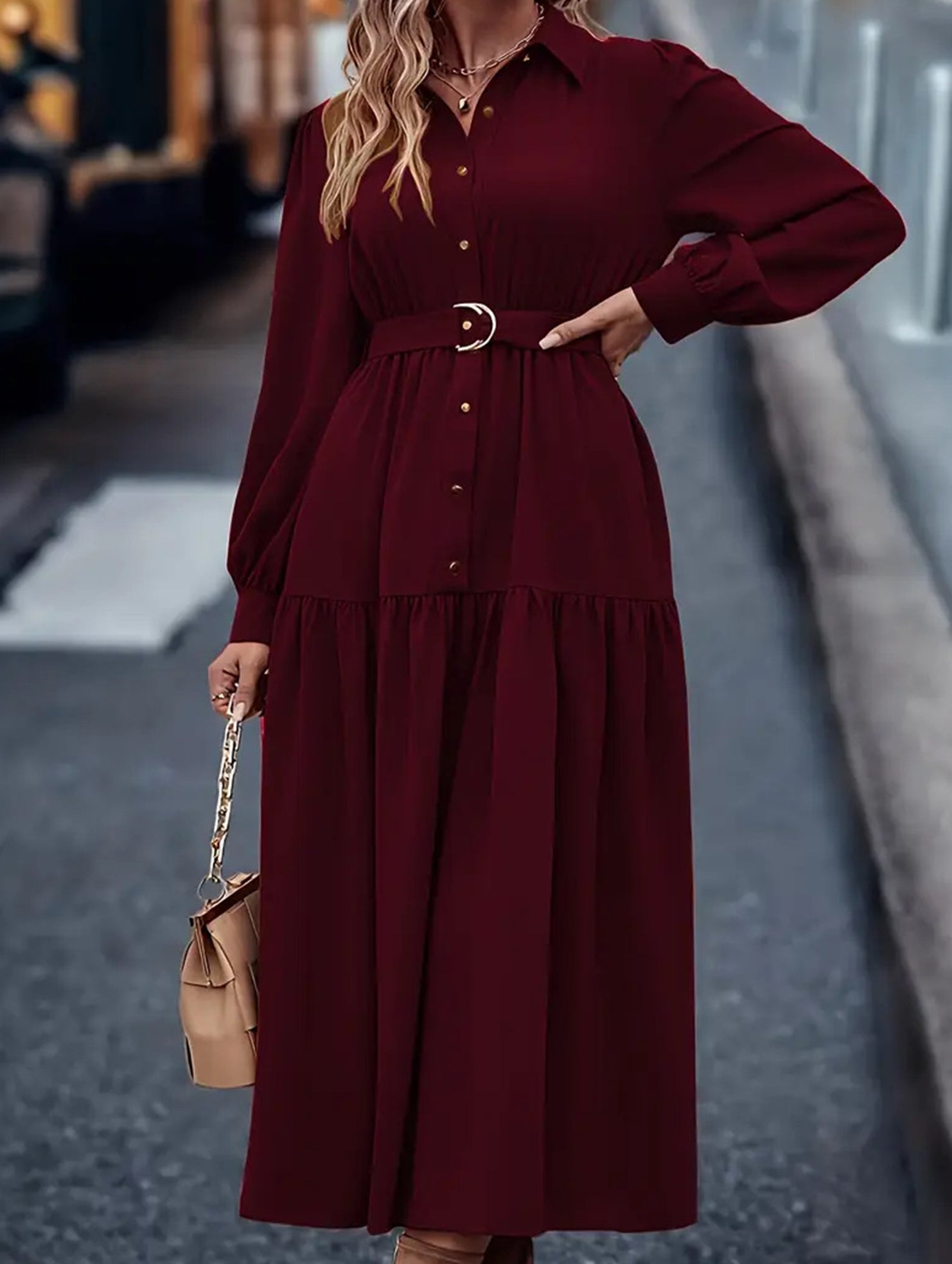 Lantern Sleeve Ruffle Hem Shirt Dress_CWDMD01935
