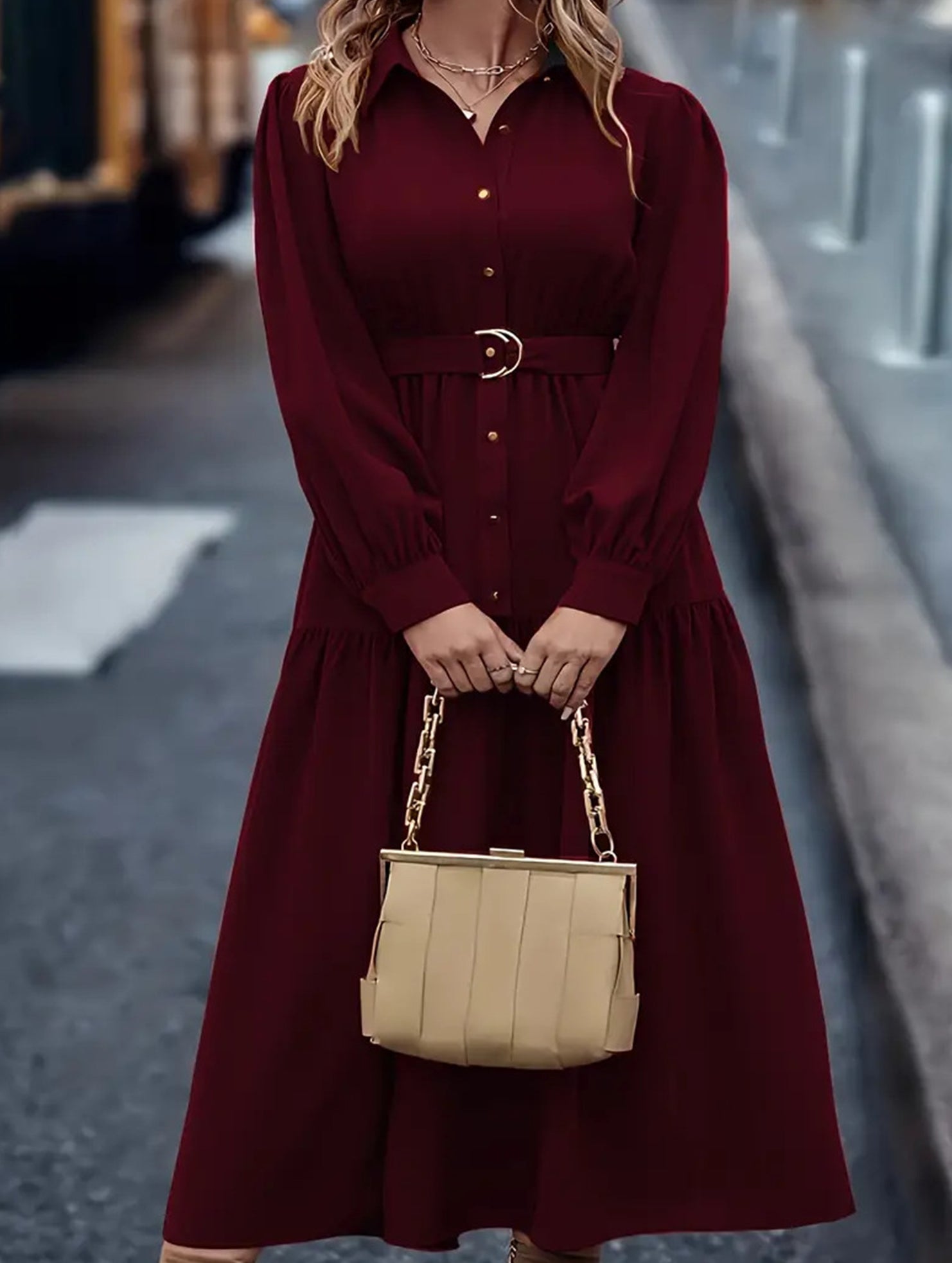 Lantern Sleeve Ruffle Hem Shirt Dress_CWDMD01935