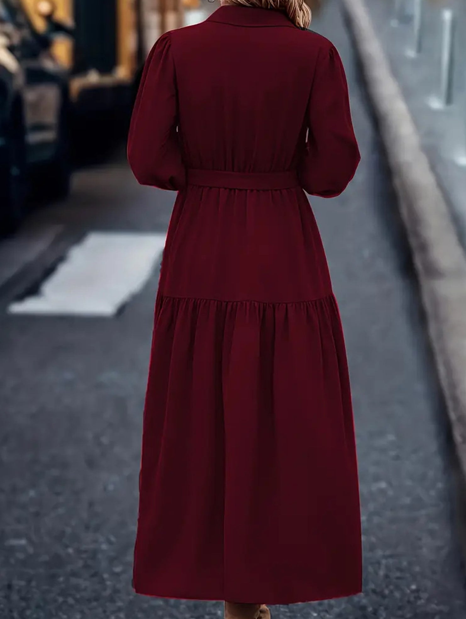 Lantern Sleeve Ruffle Hem Shirt Dress_CWDMD01935