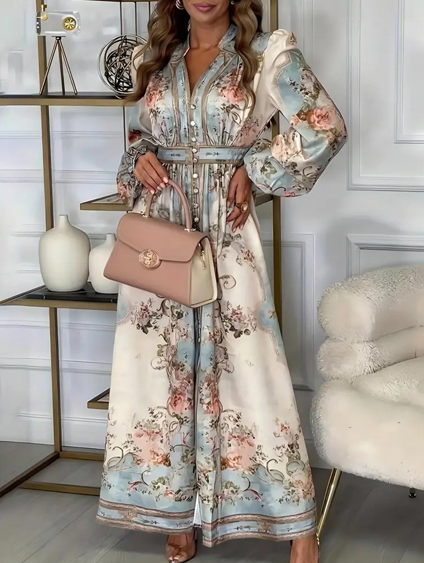 Printed V Neck Slim Fit Midi Dress_CWDMD01936