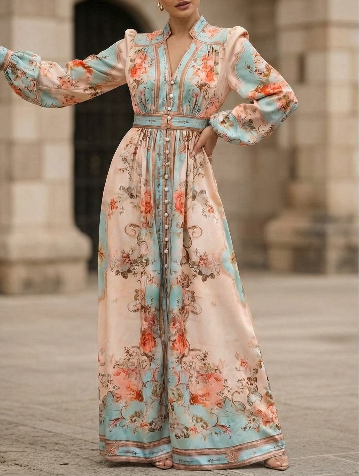 Printed V Neck Slim Fit Midi Dress_CWDMD01936