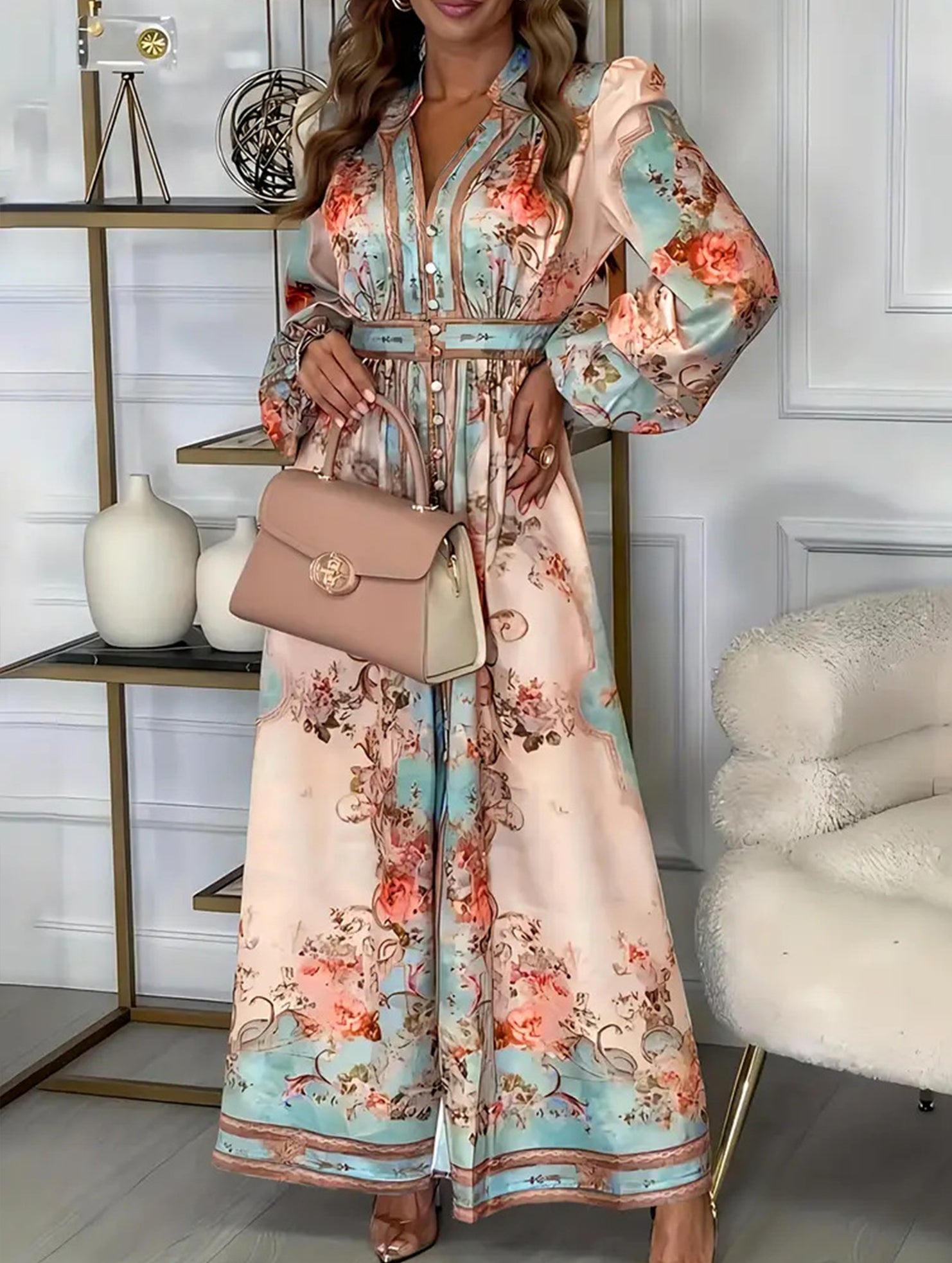 Printed V Neck Slim Fit Midi Dress_CWDMD01936
