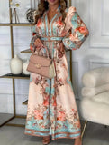 Printed V Neck Slim Fit Midi Dress_CWDMD01936