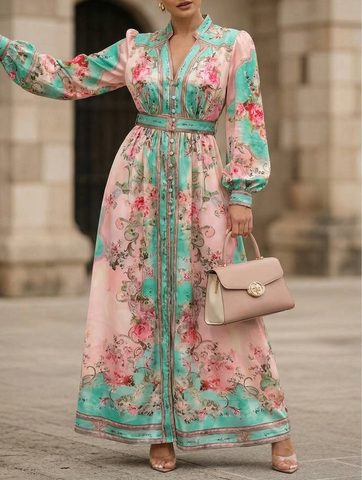 Printed V Neck Slim Fit Midi Dress_CWDMD01936