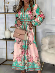 Printed V Neck Slim Fit Midi Dress_CWDMD01936