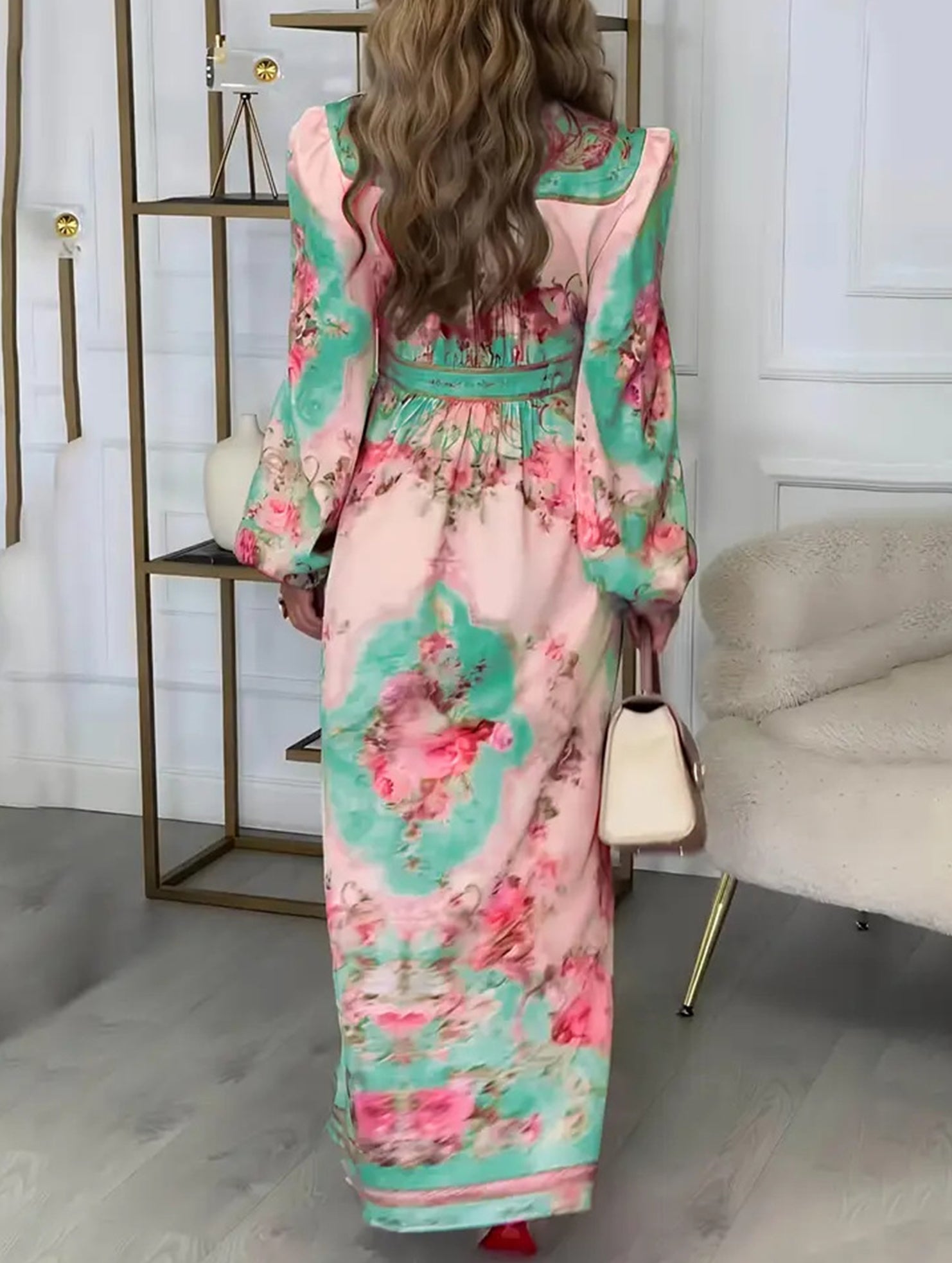 Printed V Neck Slim Fit Midi Dress_CWDMD01936