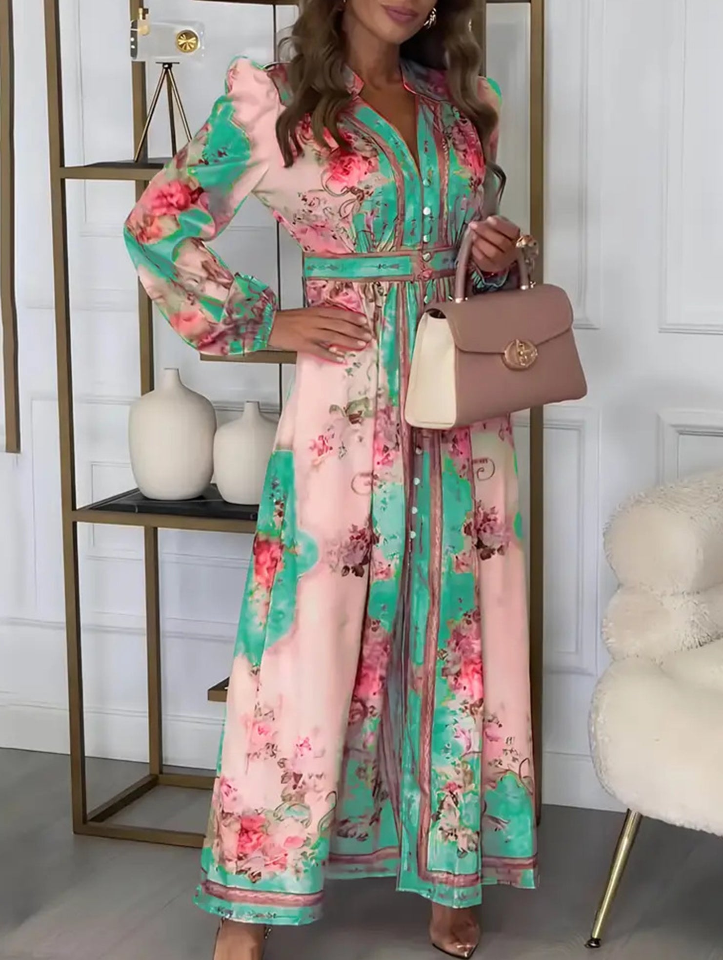 Printed V Neck Slim Fit Midi Dress_CWDMD01936